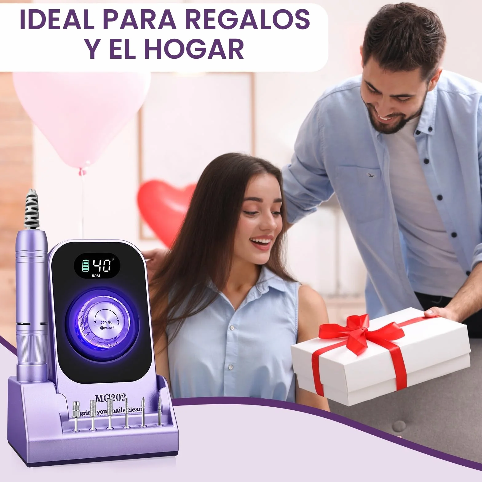 Taladro de uñas profesional 40000 RPM, Urbuti 12 en 1 Lima de uñas eléctrica 4000 mAh con pantalla LCD, velocidad ajustable, silencioso, taladro de manicura portátil para salón/hogar (púrpura)