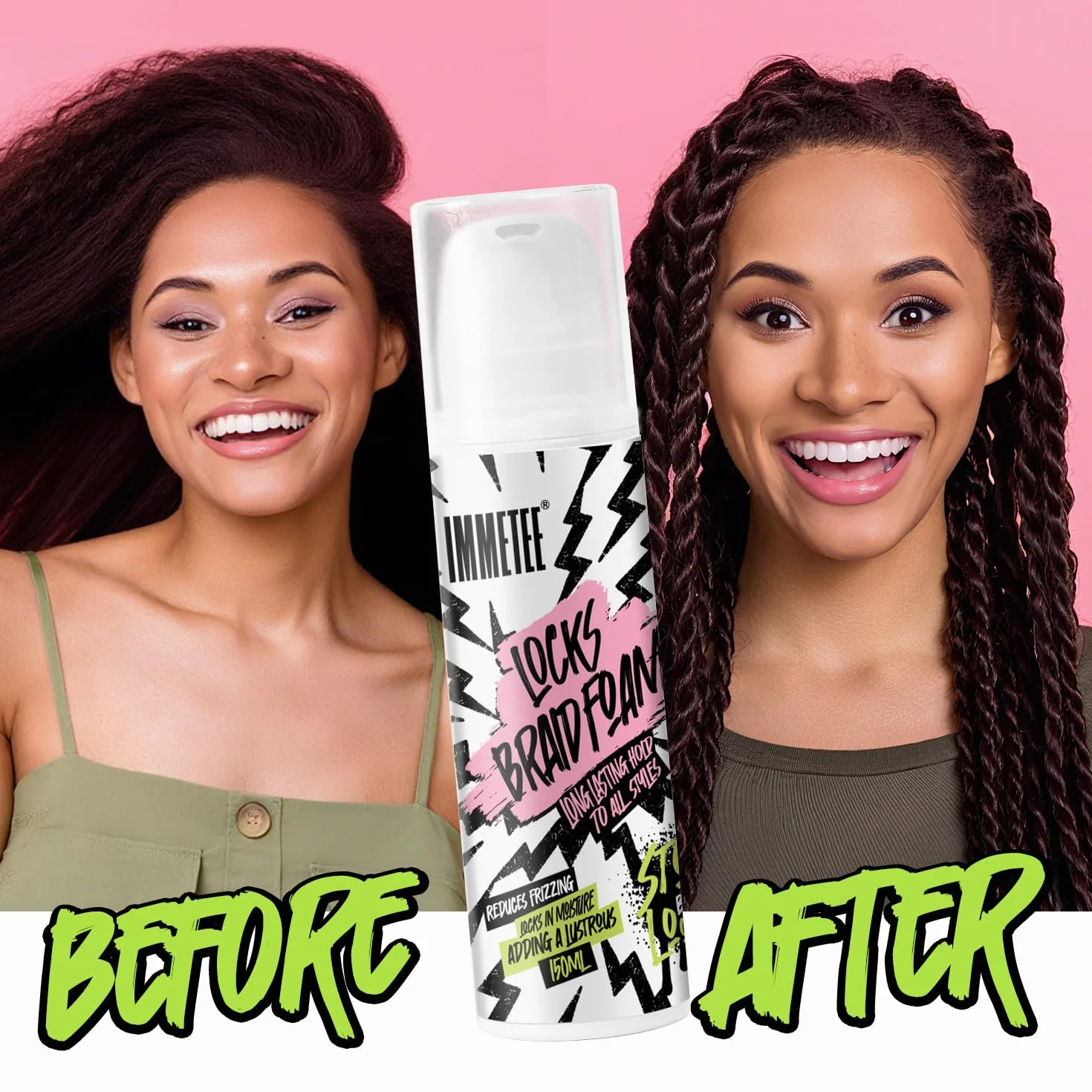 immetee Lock Braid Mousse Fijación Máxima Antifrizz Hidratante para Trenzas Rastas Twists 150ml