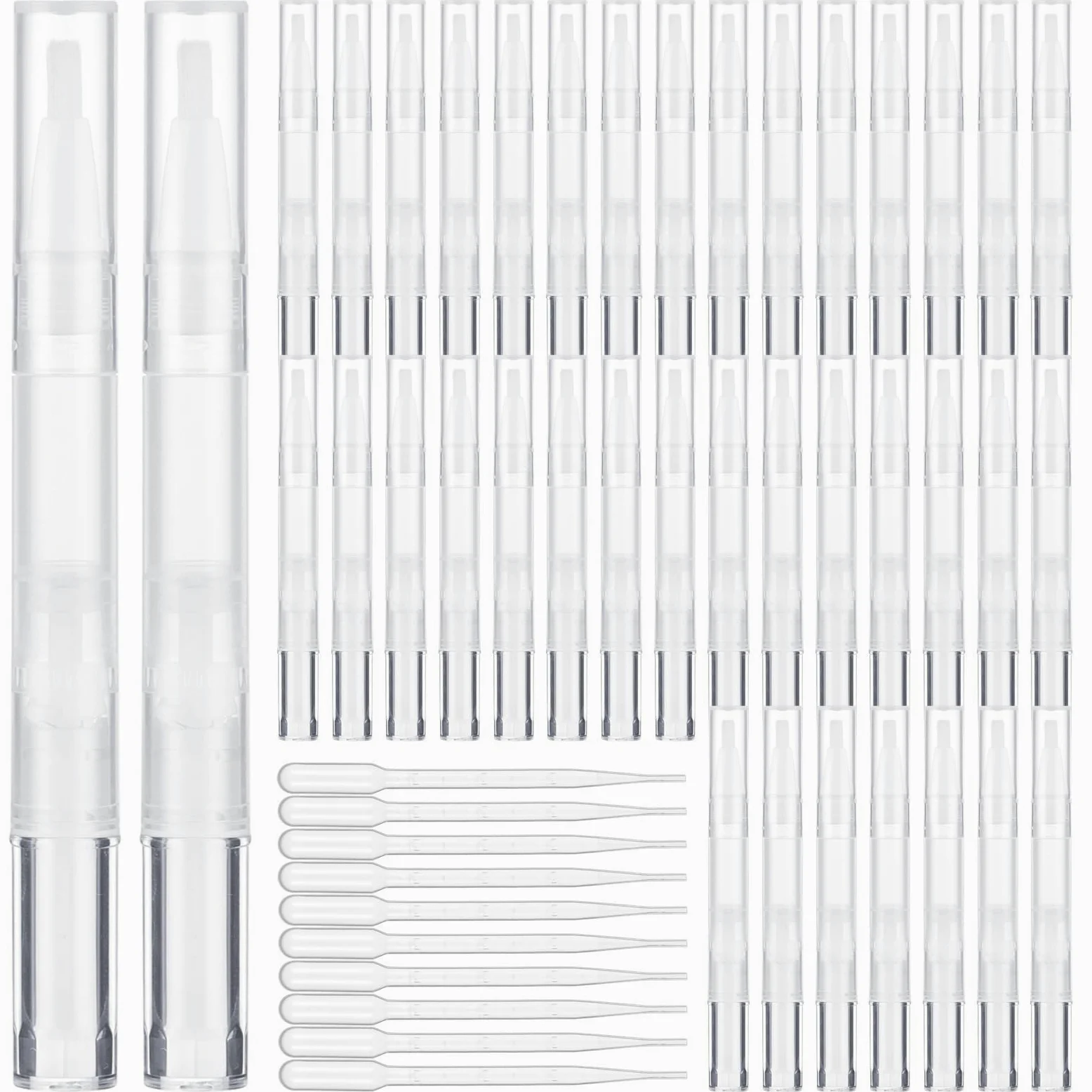 Paquete de 50 bolígrafos vacíos de aceite para cutículas de 3 ml con 10 cuentagotas, bolígrafos giratorios transparentes, punta de pincel, recipientes para brillo de uñas y labios