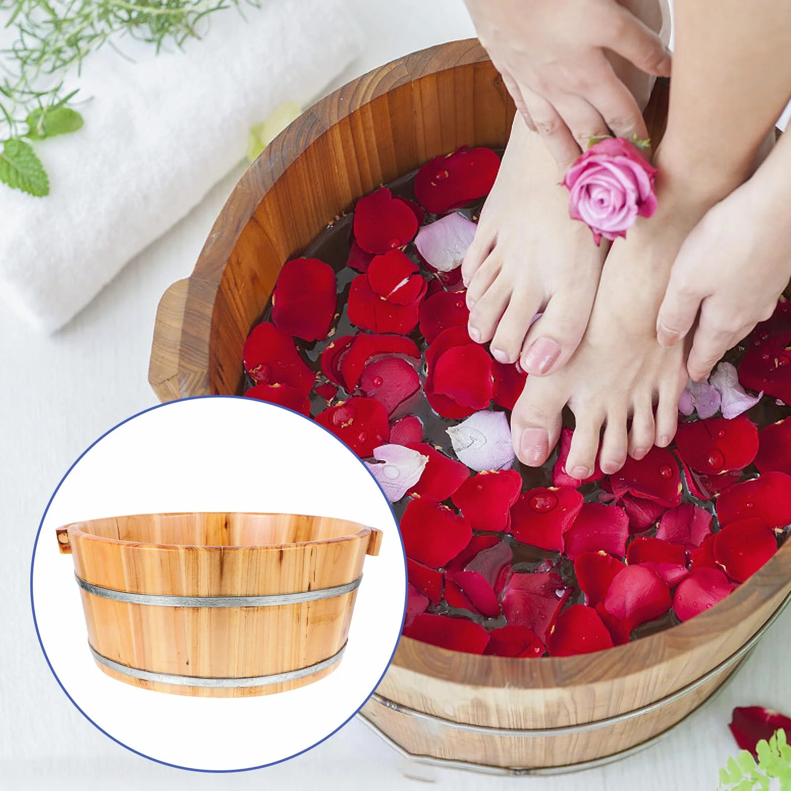 GANAZONO Cubo Reutilizable de Madera para Baño de Pies, Lavabo Multifuncional para Remojar Manos y Pies, Barril Spa de Madera Natural para Pedicura Hogar, Artículo de Cuidado Personal