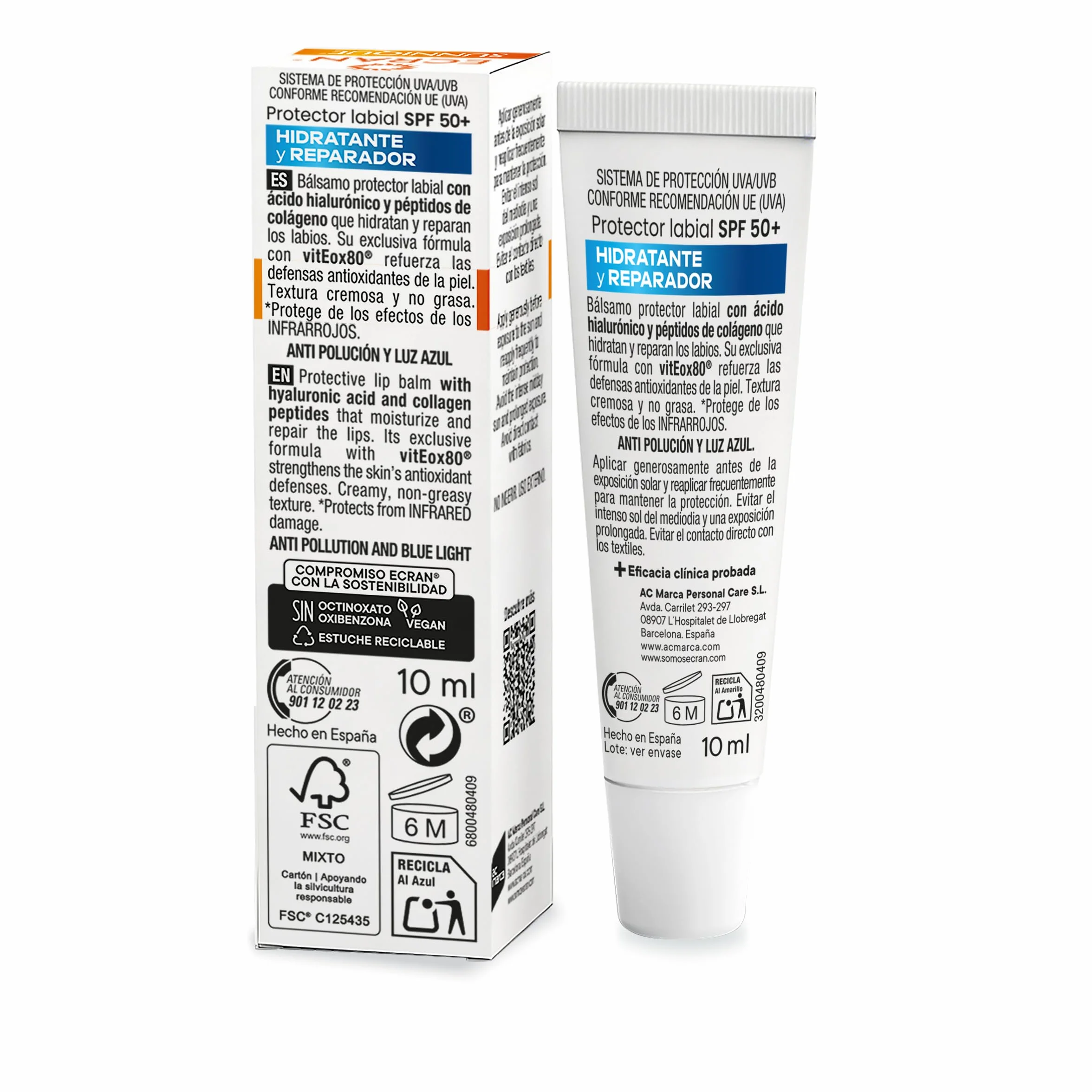 Sunnique Bálsamo Protector Labial SPF 50+ Ácido Hialurónico Péptidos Colágeno 10 ml
