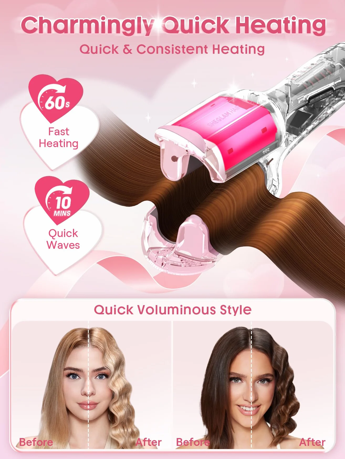SHEGLAM Rizador Doble Barril Rosa - Ondas Beach Waves, 5 Temperaturas, Anti-Quemaduras, Doble Voltaje (25mm)