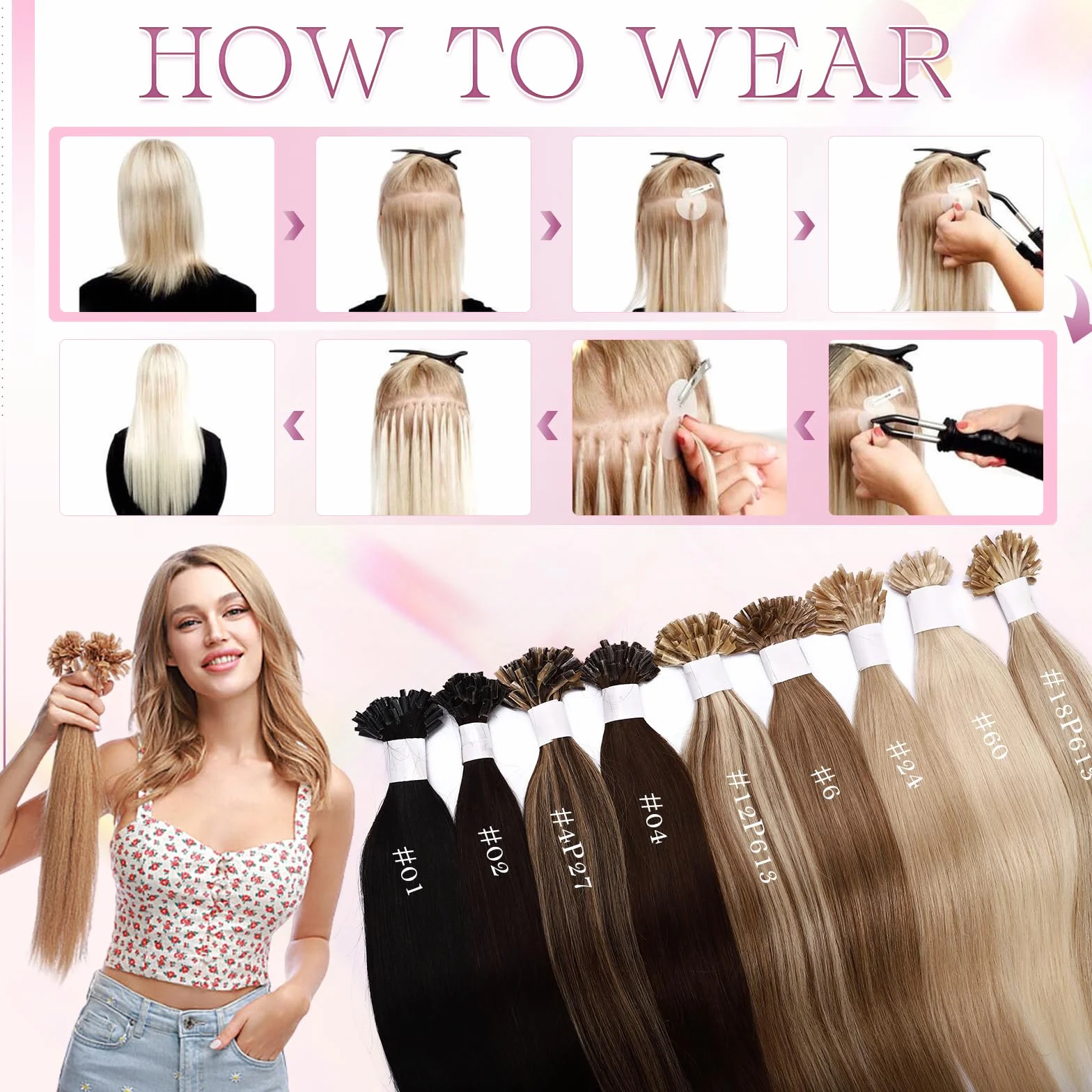 Elailite Extensiones Queratina Pelo Natural sin Clip Ash Rubio Mecha Rubio Muy Claro, 25 Mechas 25g U Tip Keratin Cabello Humano 40cm