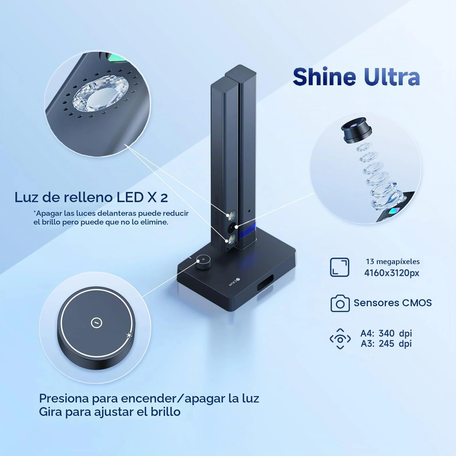 CZUR Shine Ultra A3 Escáner Portátil Plegable con OCR 180+ Idiomas LED Continuo 13 MP