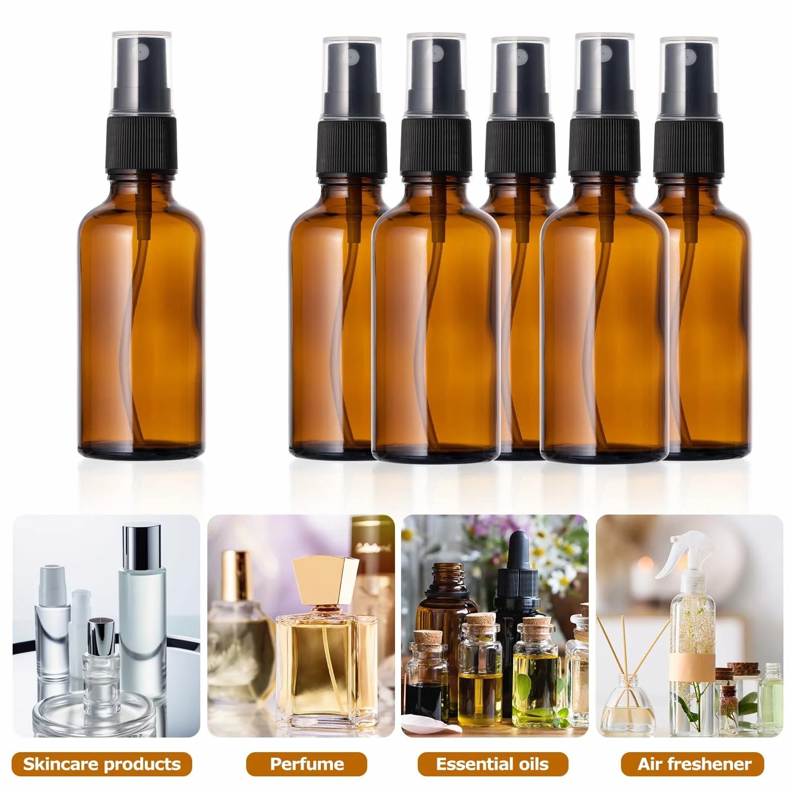 Kiperline 6 botellas spray de cristal vacías 50 ml, ámbar, con embudo, pipetas y etiquetas para aceites esenciales