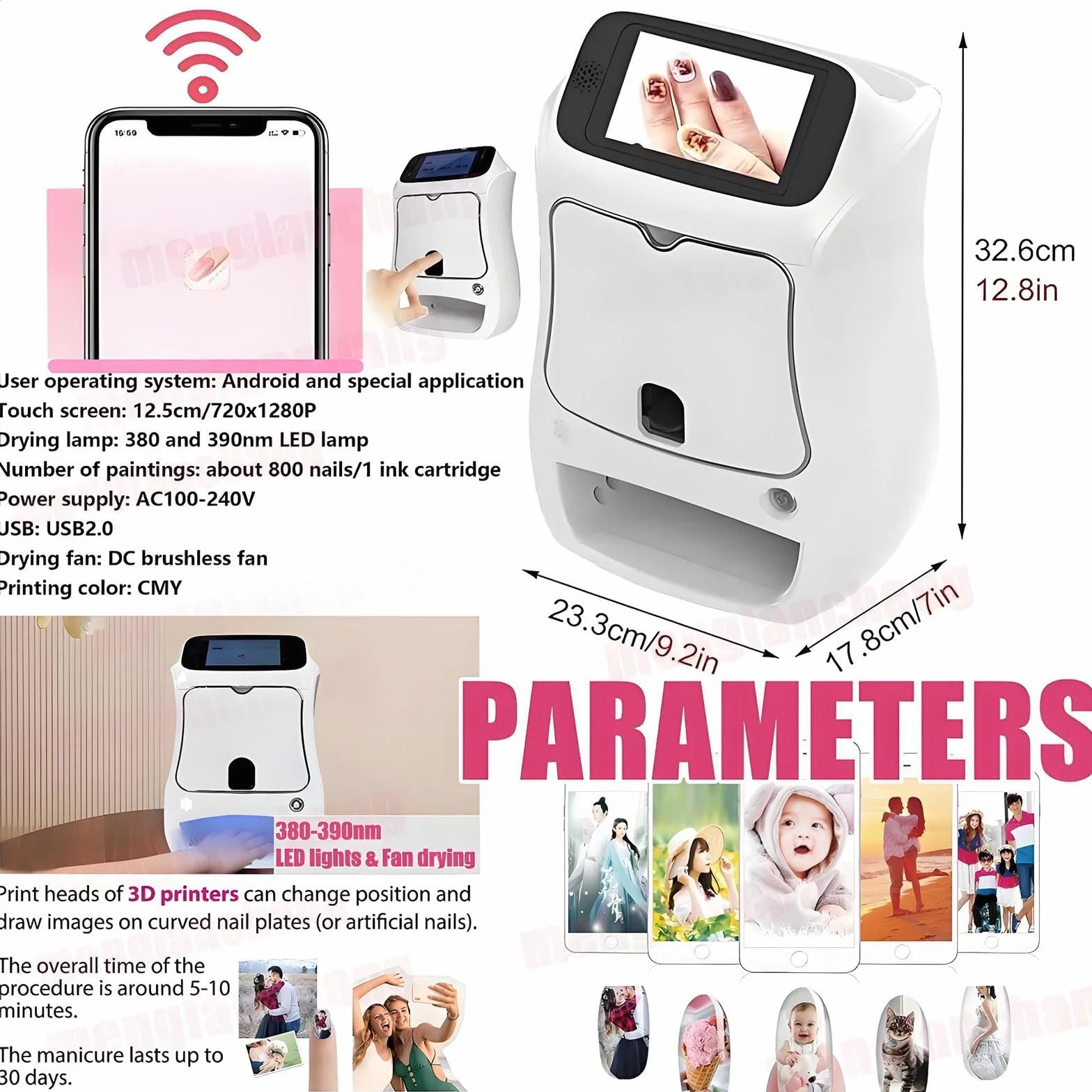 Kit De Impresora De UñAs - Impresora De UñAs 3D Digital MóVil para SalóN Y Hogar-WiFi/DiseñO DIY/Pantalla TáCtil | 10 Esmaltes De Gel + 2 Pegamentos para Pintar + 2 Cartuchos Tinta