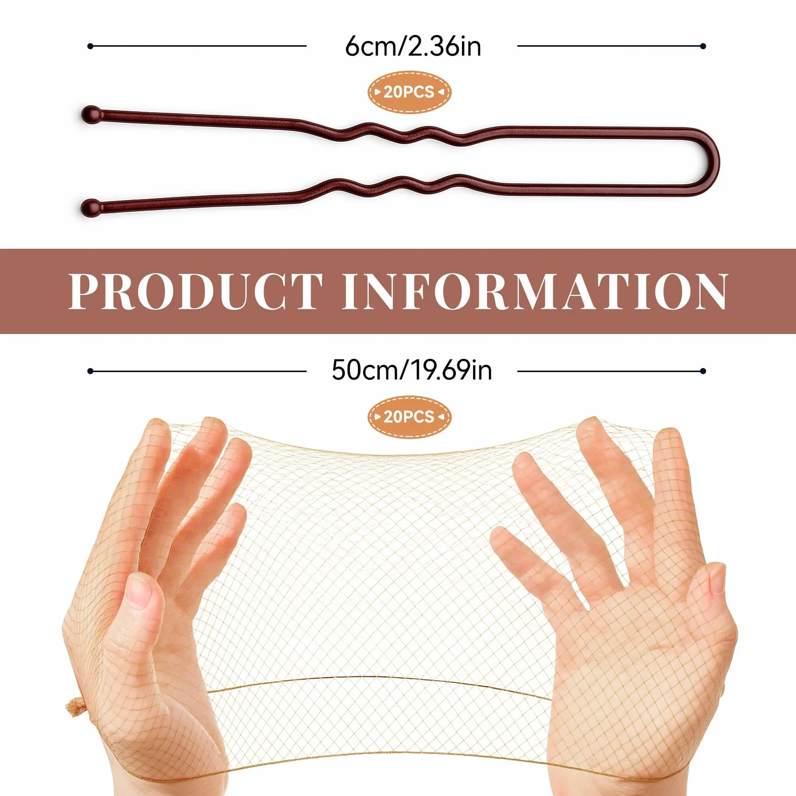 Mallas para el cabello para moños 20 piezas con horquillas en forma de U 50 cm/20 pulgadas para mujeres niñas bailarinas