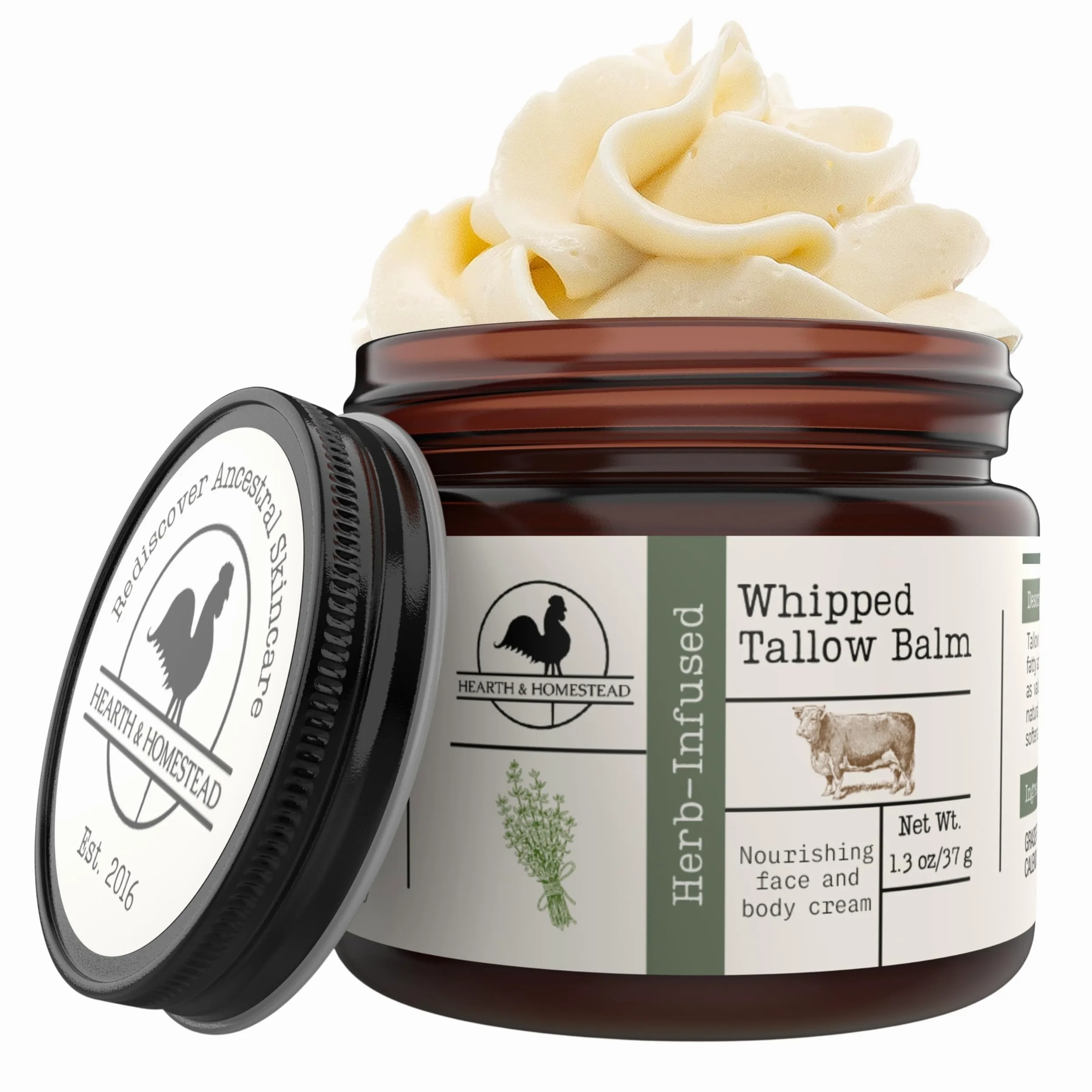 Hearth and Homestead: Bálsamo de sebo batido hecho a mano (sin perfume/infusión de hierbas), mantequilla corporal orgánica con aceite de oliva infundido, para eccema, rosácea, bebé, 1.3 onzas