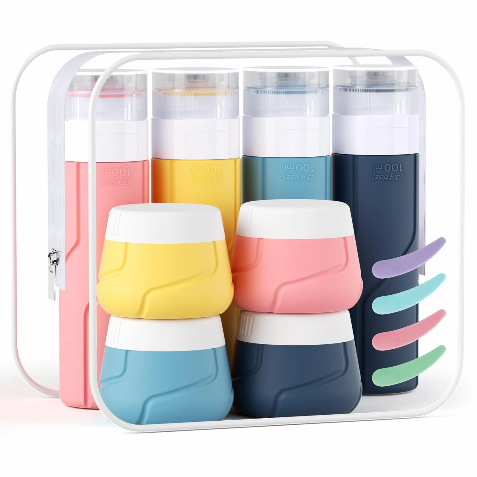Alyvisun Juego de 14 Botes Viaje Rellenables Silicona, Botellas 100 ml y Tarros 30 ml a Prueba de Fugas