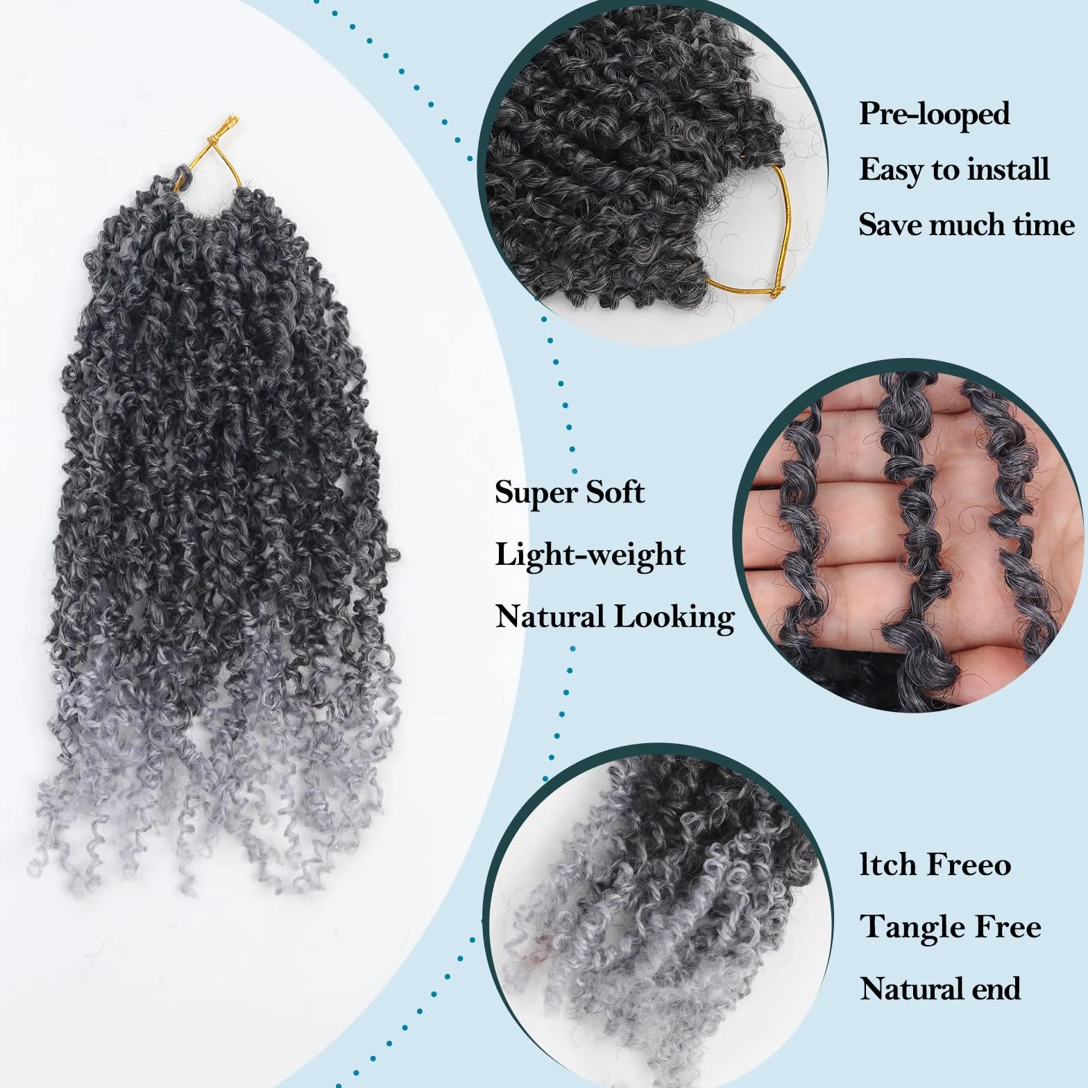 Yebo Yanky Crochet Braids Rizado 12 Pulgadas - 8 Paquetes 240 Mechas, Pelo de Fibra Química, Estilo Pasión Twist Afro, Trenzado Fácil(12inch Tgrey)