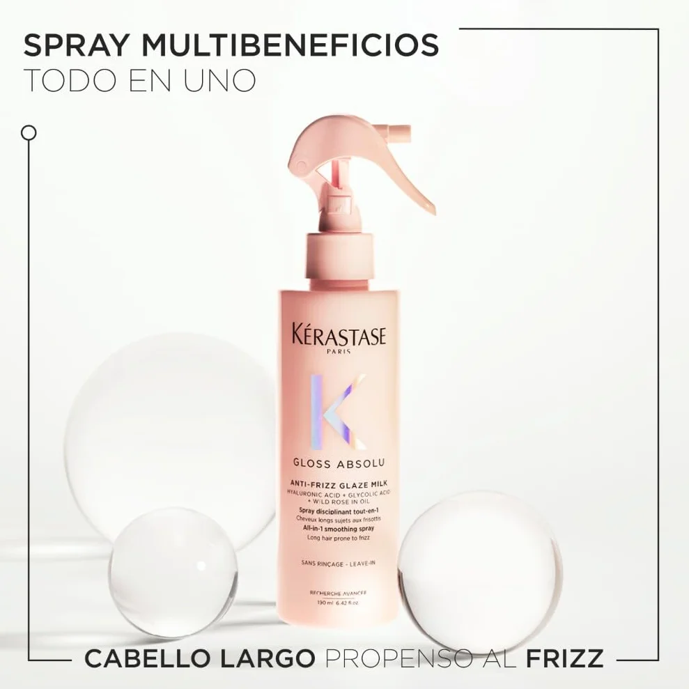 Kérastase Gloss Absolu Anti-Frizz Glaze Milk, Spray Multibeneficios Todo en Uno para Cabello con Tendencia al Encrespamiento, Con Ácido Glicólico, Ácido Hialurónico y Rosa Silvestre en Aceite, 190ml