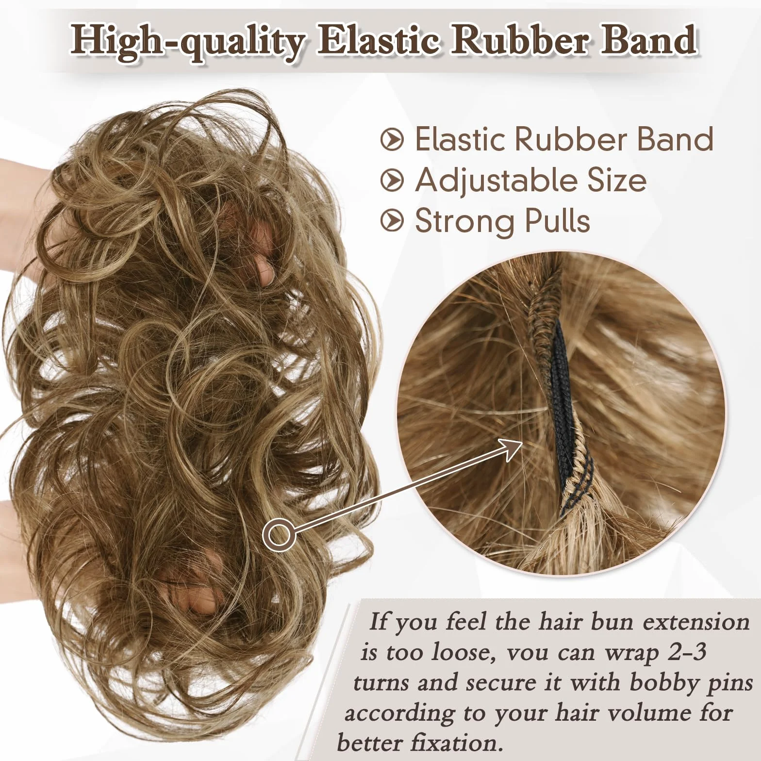 Moño Postizo Cabello Humano Rizado Ondulado para Mujer 32g Castaño Oscuro con Rubio Cacao Oscuro
