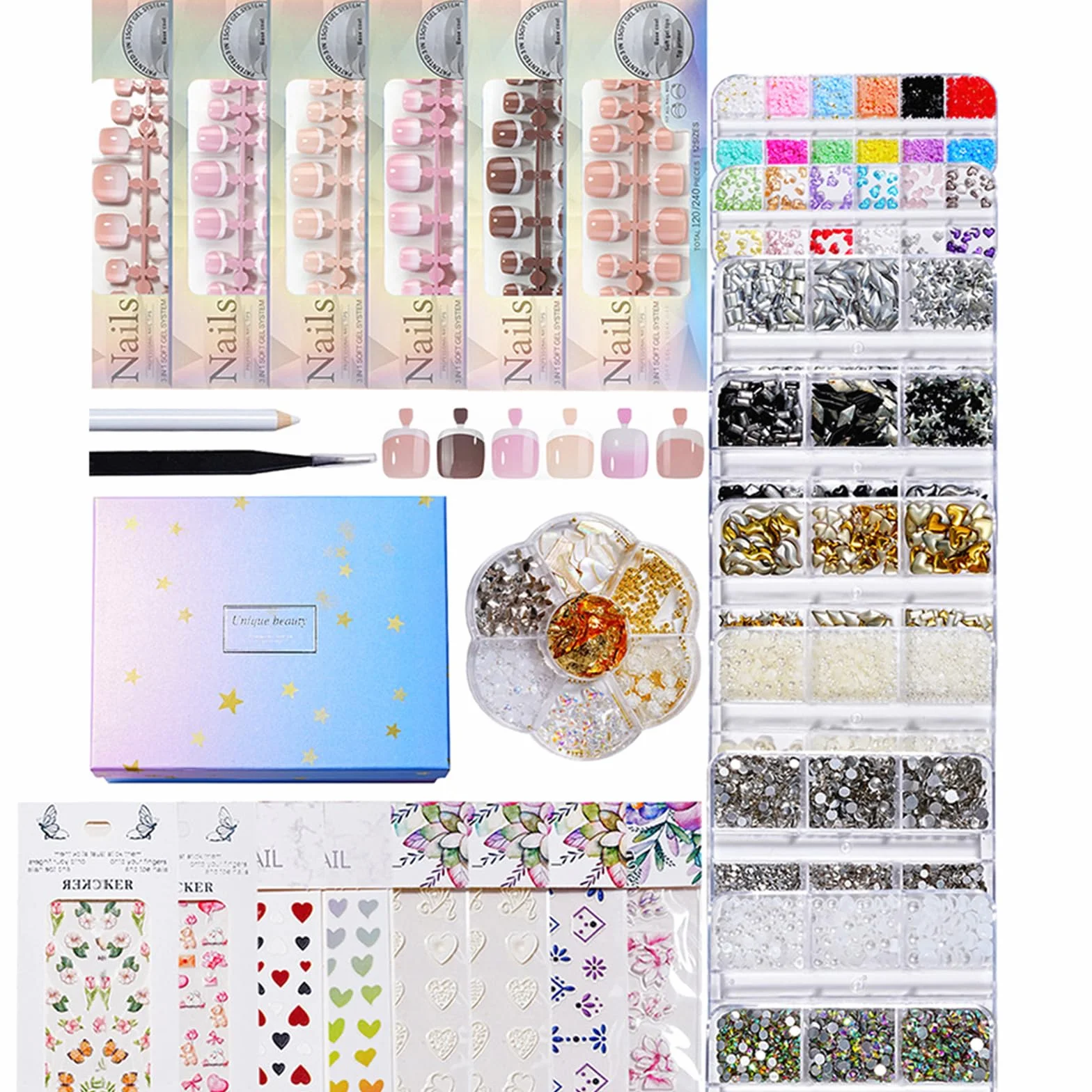 Juego profesional de uñas con herramientas, tiras de punta francesa, dije de flores 3D y calcomanías decorativas para uñas