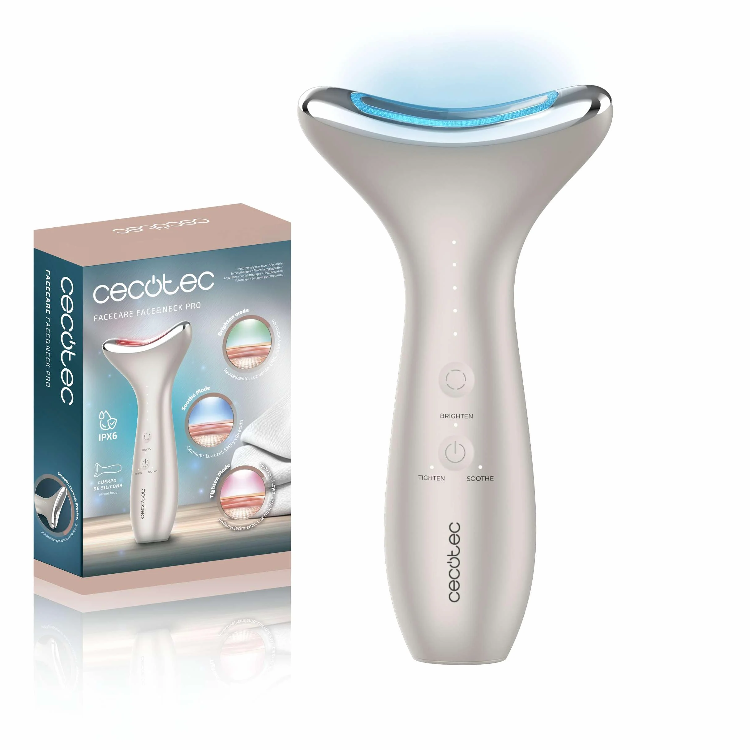 Cecotec Tonificador Facial Eléctrico FaceCare Face&Neck Pro, 3 Modos, Luz LED Roja Azul Verde, 5 Niveles EMS, IPX6