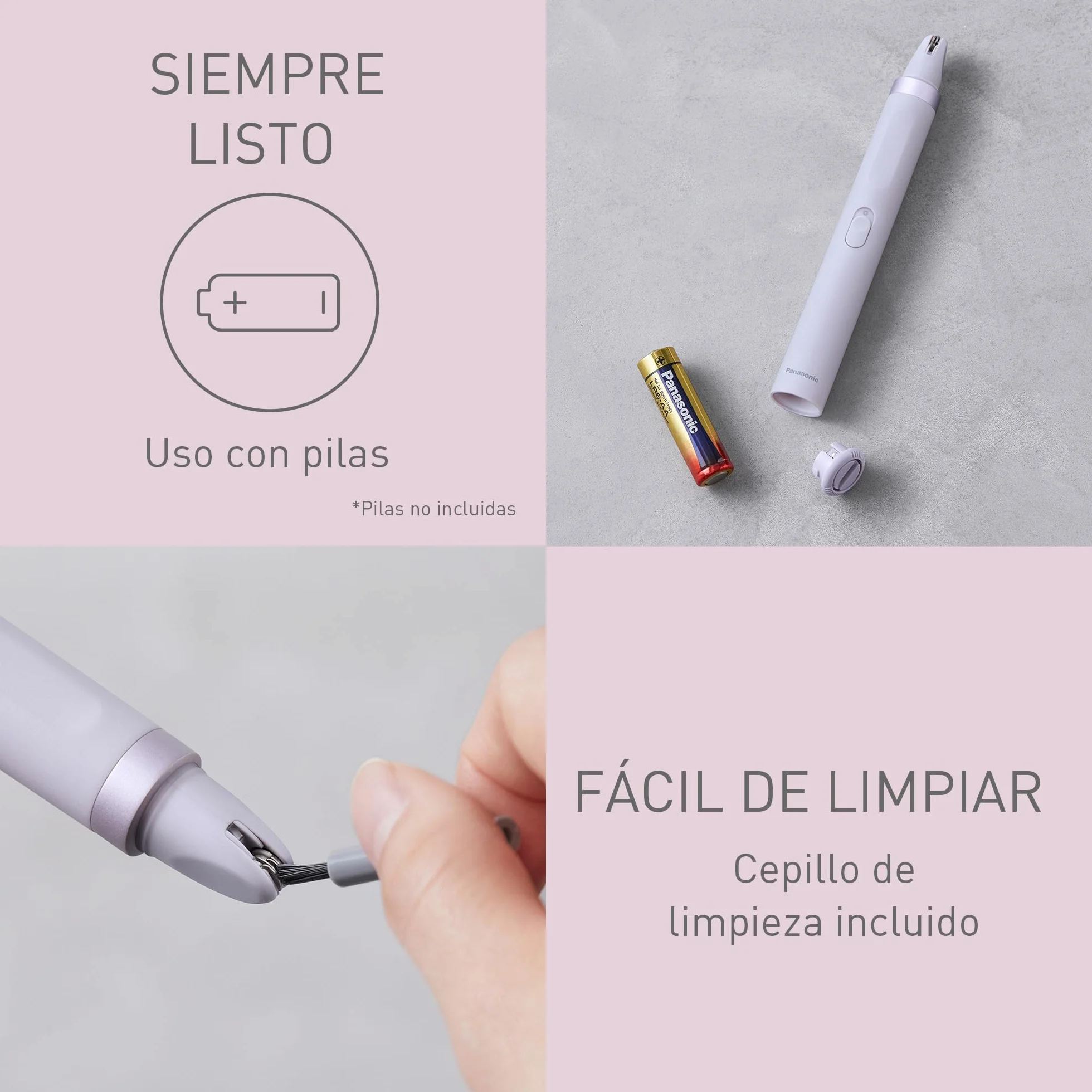 Panasonic ES-EF10-V503 Depiladora de Cejas y Vello Facial Mujer, Perfiladora de Cejas, Luz LED, Diseño Compacto Tipo Bolígrafo, Funciona con Pilas AA, Lila
