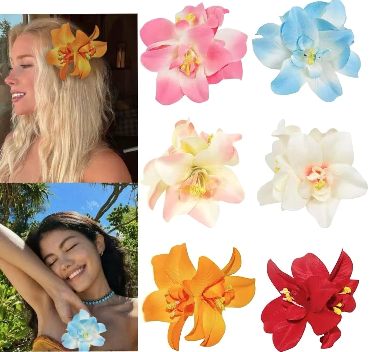 6 pinzas para el pelo de flores hawaianas, 3.5 pulgadas, horquillas de pelo de hibisco de plumeria, pinzas para el pelo para mujeres, bodas, accesorios para el cabello de flores, clip para niñas