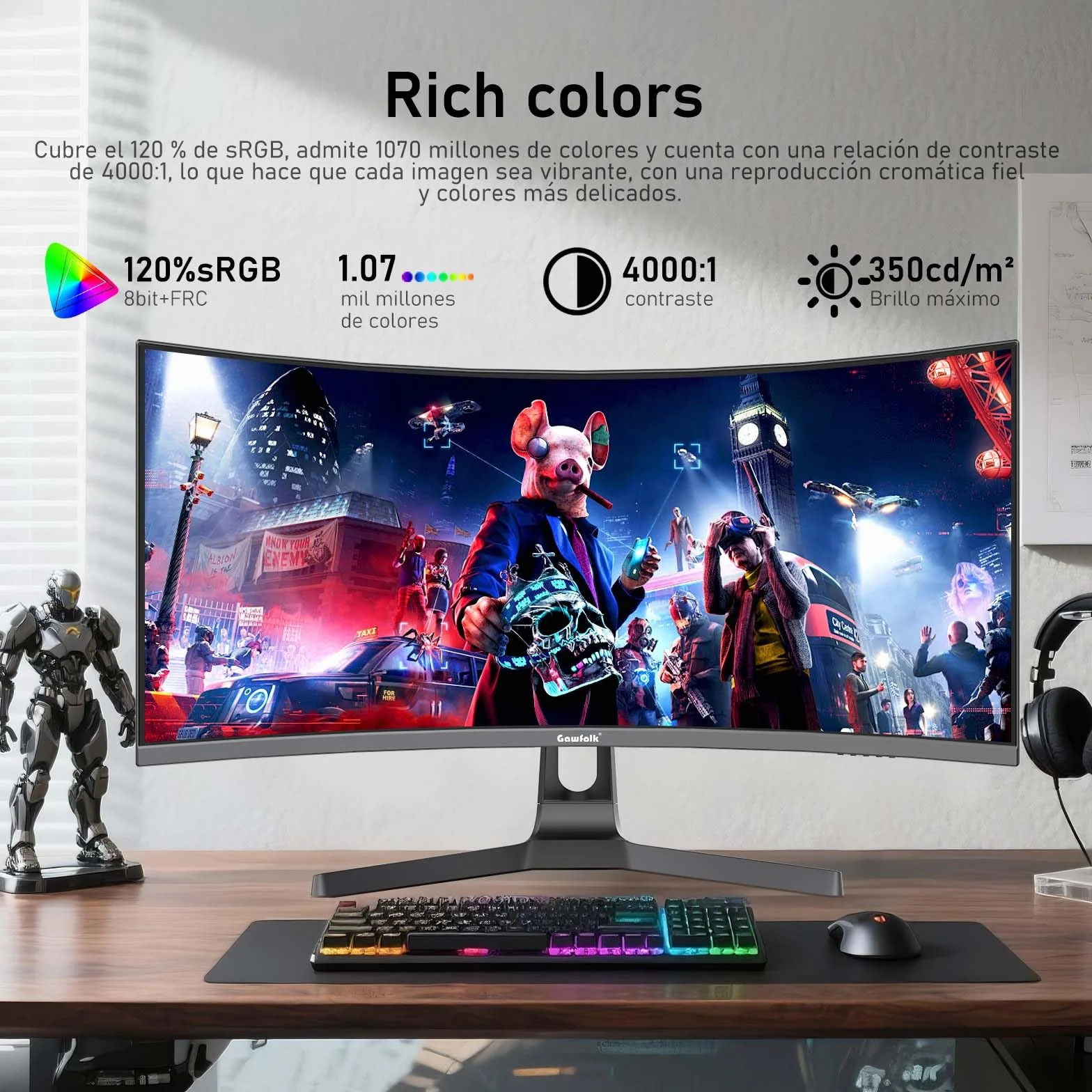 Gawfolk Monitor Curvo Ultrawide 34 Pulgadas 200Hz UWQHD 3440x1440 1500R 120% sRGB Adaptive Sync Altavoces Integrados HDMI DisplayPort Montaje en Pared Negro