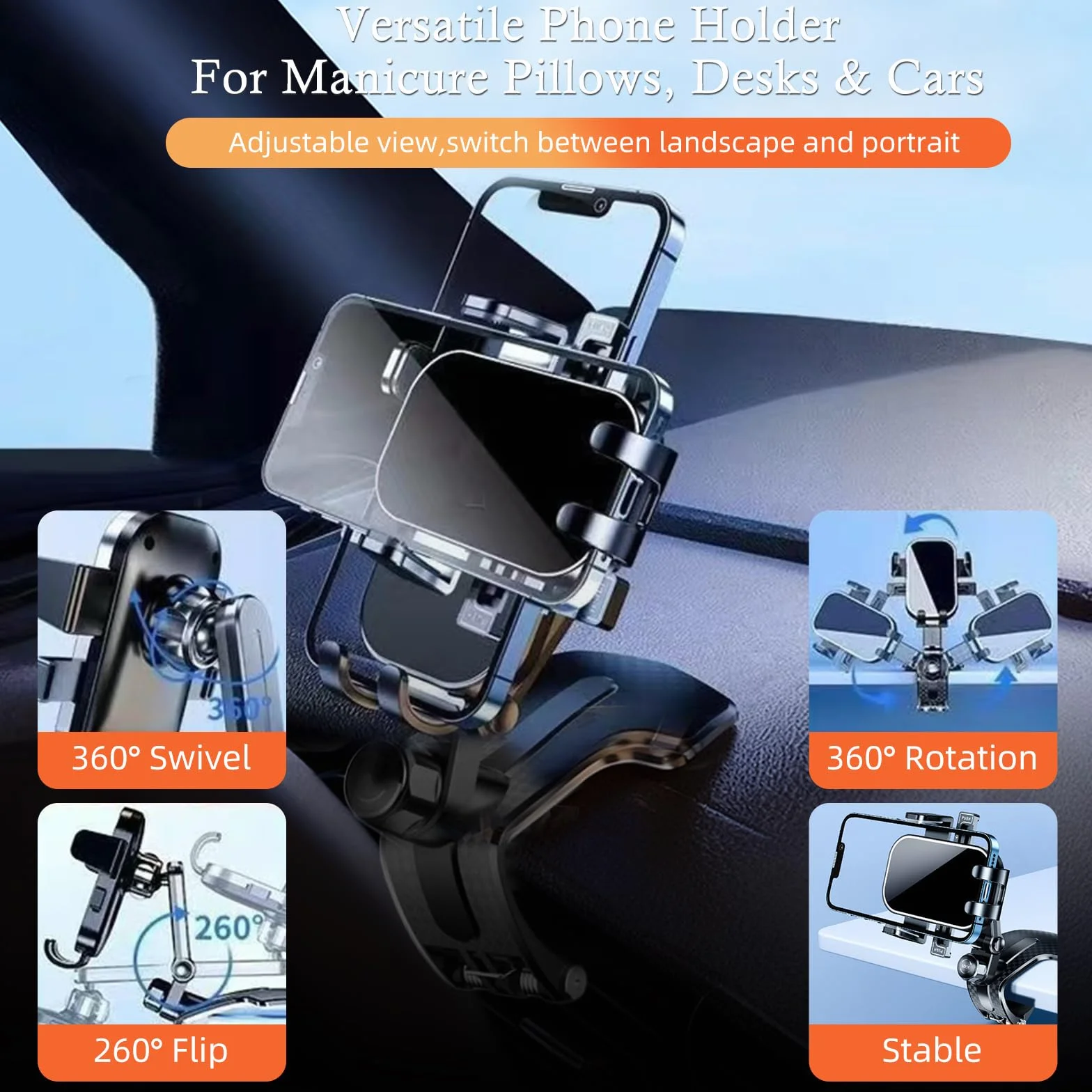 Reposabrazos para uñas con soporte para teléfono: plegable/ajustable/giratorio de 360° - Reposabrazos en forma de U para uñas con reposapiés curvado dorado - Reposamanos de ángulo de inclinación de 45