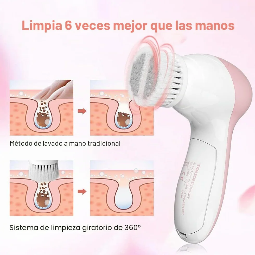 TOUCHBeauty Limpiador Facial Eléctrico 360° Giratorio con 3 Cabezas, 2 Velocidades, Rosa Ópalo