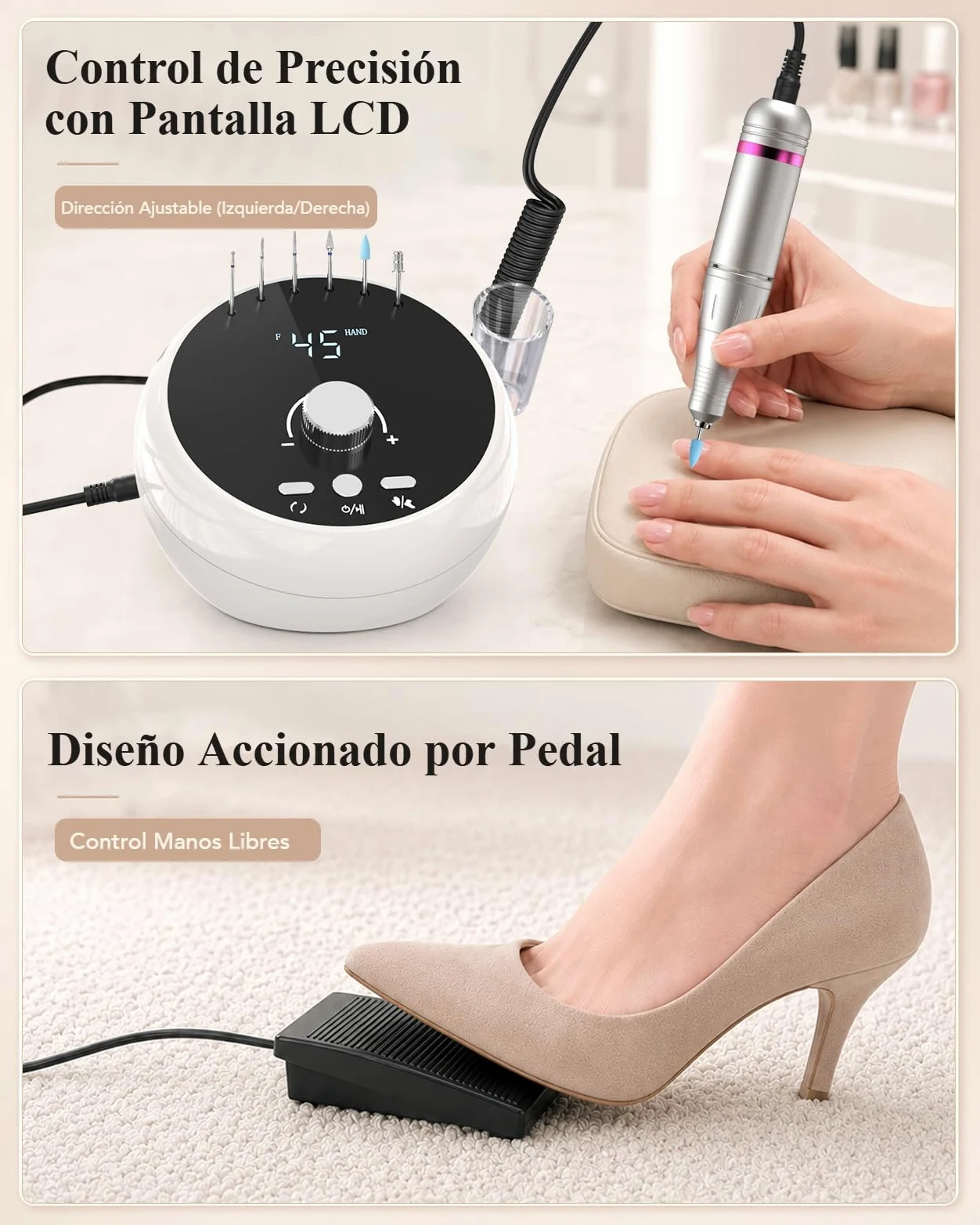 HOMEASY Torno para Uñas, Lima Eléctrica de 45000 RPM, Pedal y Pantalla LCD. | Torno para Uñas con Pedal, Pieza de Mano de Aluminio Silenciosa y Lima Eléctrica de Sobremesa para Acrílico y Gel.