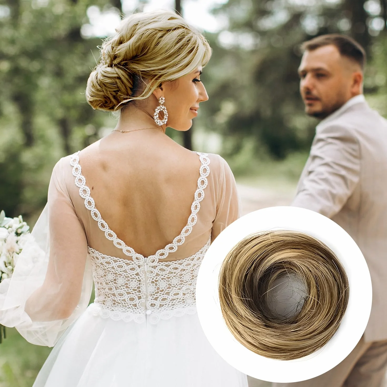 Moño despeinado postizo para mujeres, coletero sintético, accesorios elásticos, cabello falso rizado (Marrón mezcla rubio)