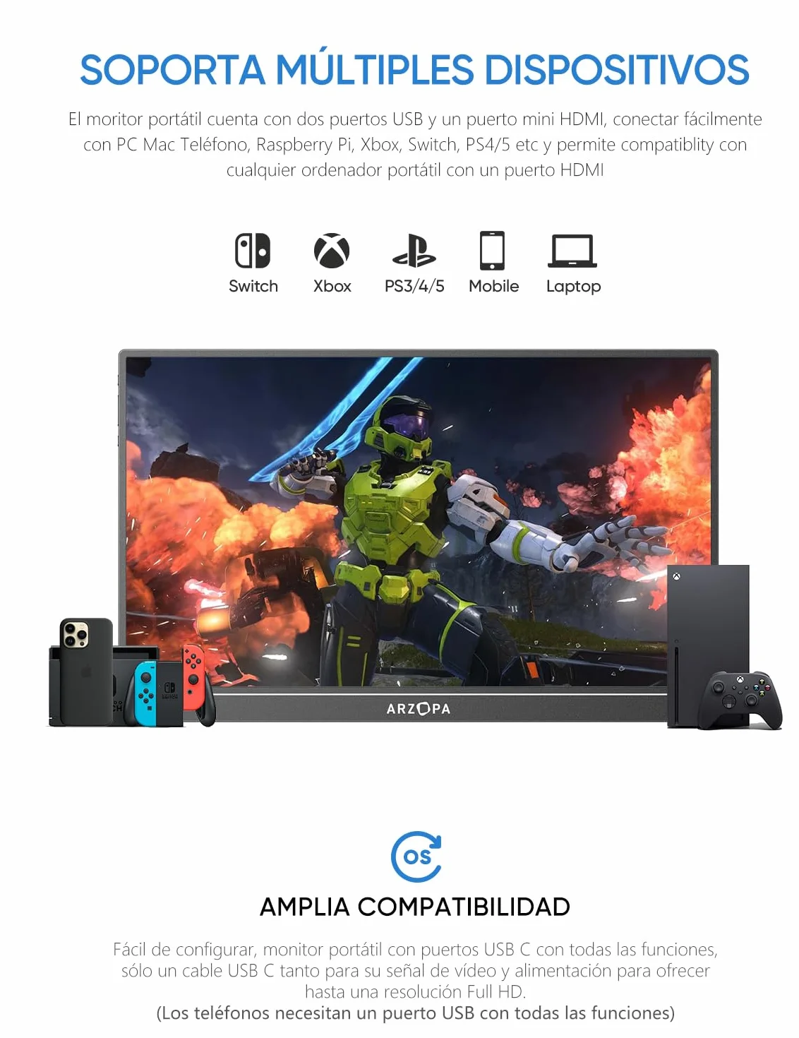 ARZOPA Monitor Portátil IPS FHD 15,6" 1920×1080 con Soporte, Segunda Pantalla Ultradelgada para Portátil/PC/Mac/PS3/4/5/Xbox - A1