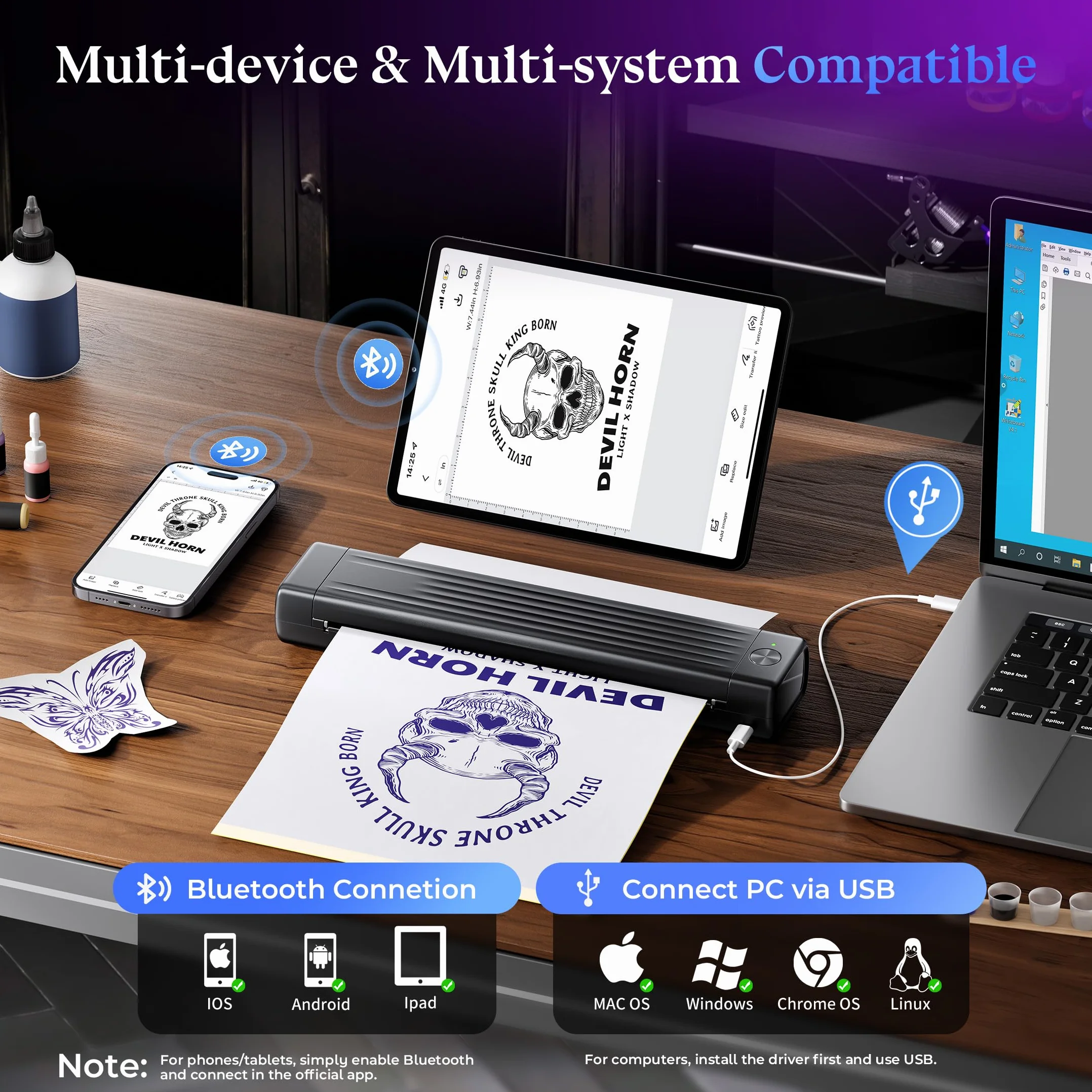 Itari Termocopiadora Tattoo, Impresora Tatuajes con 10 Hojas de Papel de Transferencia, Impresora Termica Tattoo, Prensas de impresión Compatible con Smartphone PC, Negro
