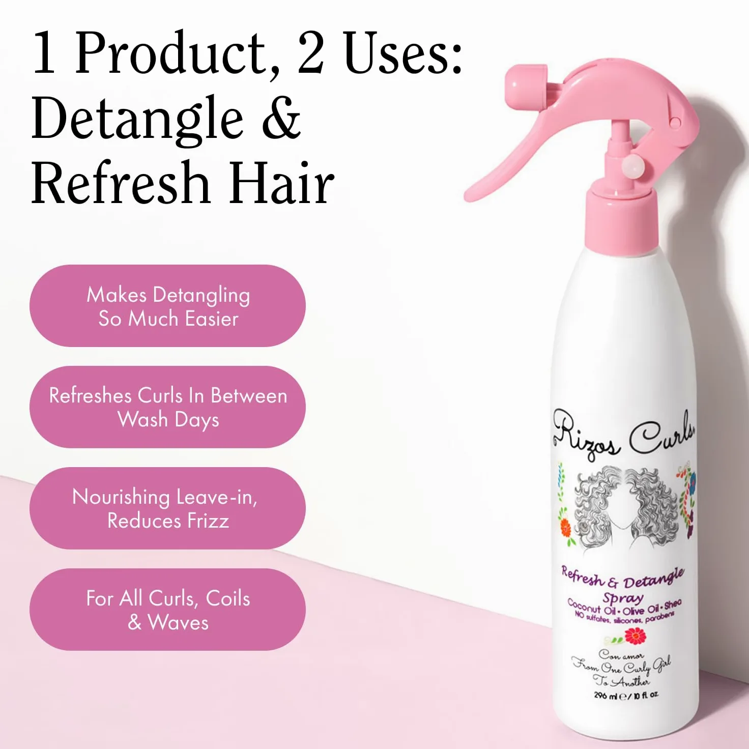 Rizos Curls Refresh & Desenredar Spray para hidratar el cabello rizado, silicona y sin parabenos, 296 ml