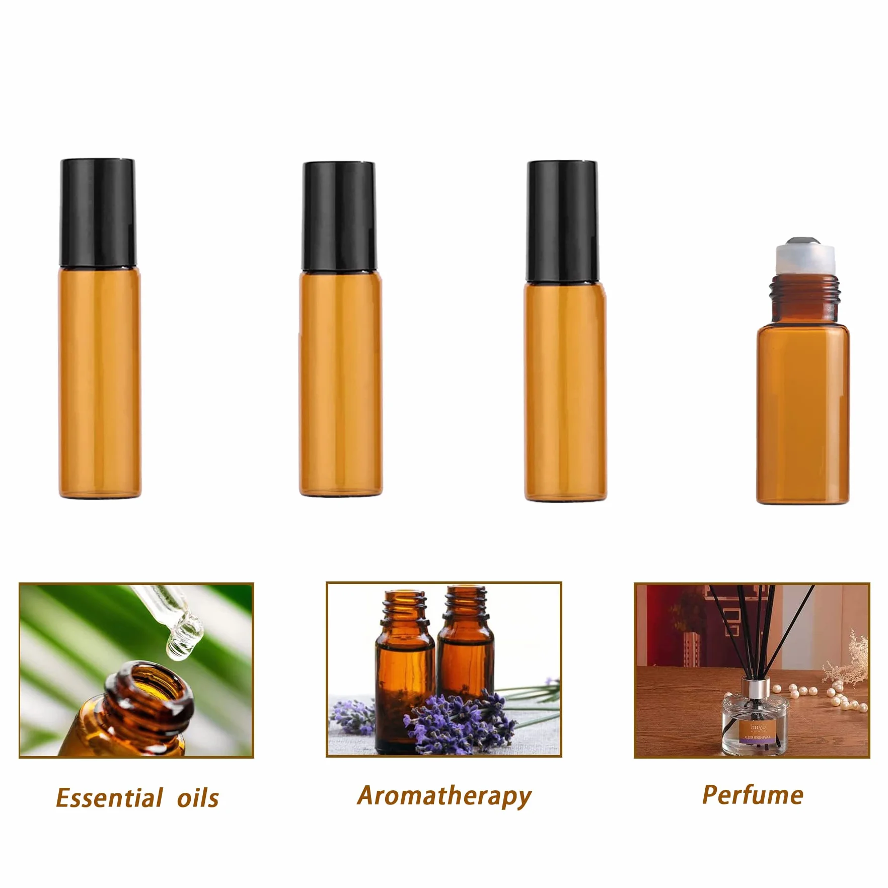 Botellas de vidrio ámbar 5ml con bola de acero inoxidable, Roll-on aceite esencial recargable