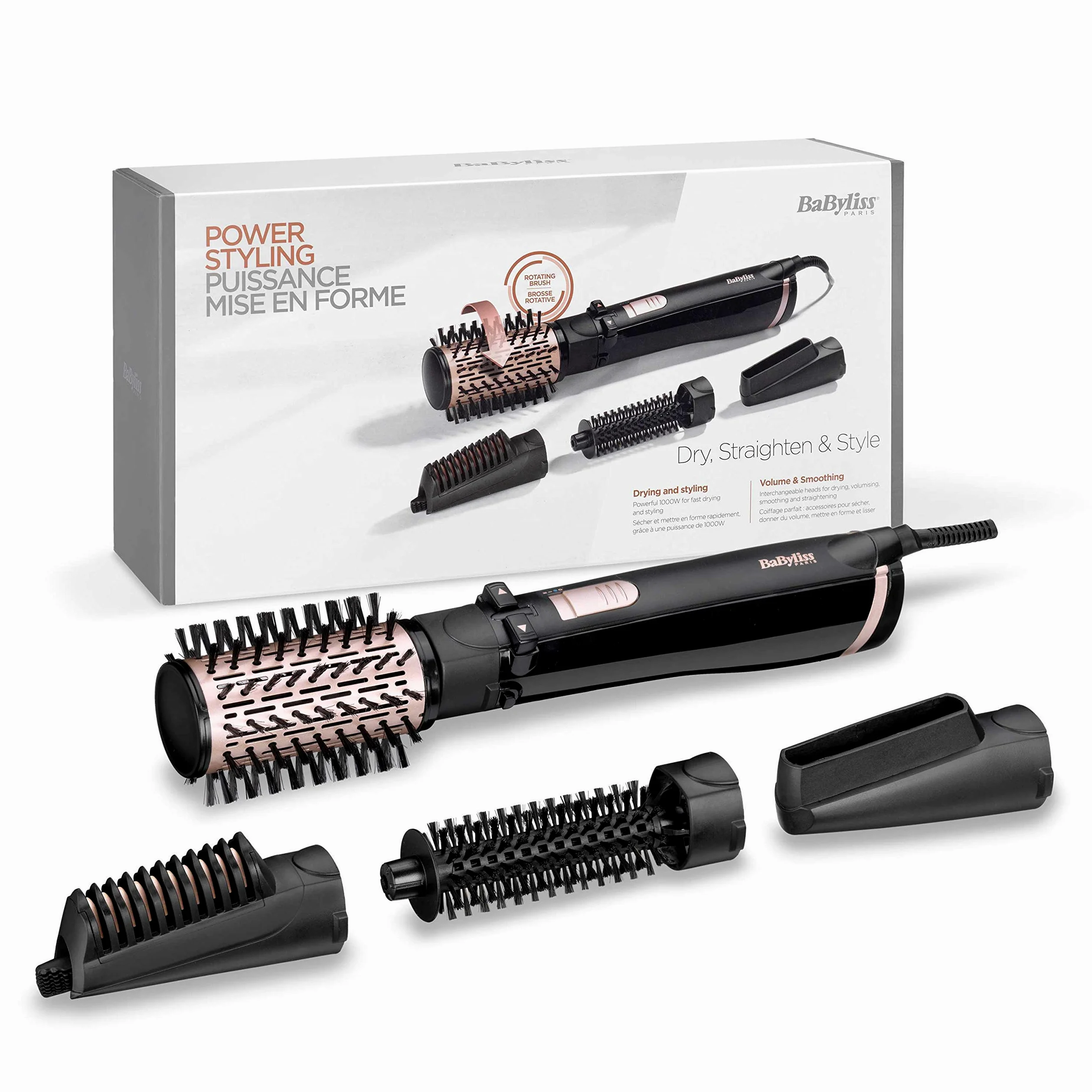 BaByliss AS200E Cepillo de Aire Rotatorio 1000 W, Iónico, Cepillo de Pelo + Aire Frío, 2 Sentidos de Rotación, Color Negro & ST393E Plancha de pelo profesional, iónica,Color Negro