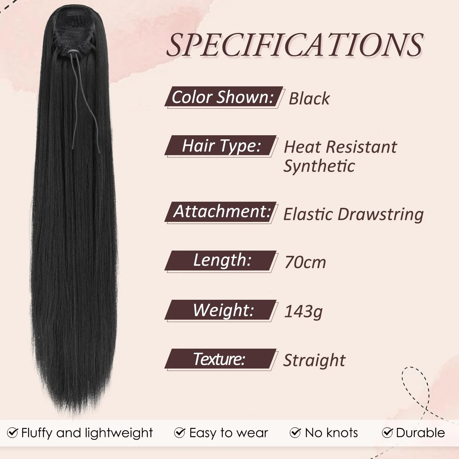 Natural Coleta Postiza pelo 70 cm Largo Liso Cola de Caballo Extensiones Sintetico para Mujeres Negro