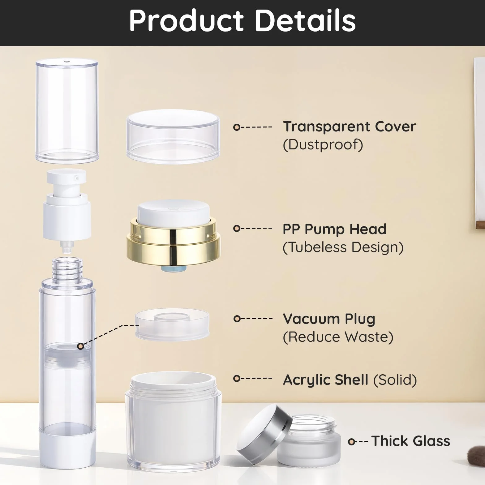 Segbeauty Dispensador de Crema Facial, 2 Piezas 30g Tarro de Crema Airless, 6 Piezas Botellas de Loción al Vacío in 15ml 30ml 50ml, y 2 Piezas 5g Tarros Cosméticos para Viaje