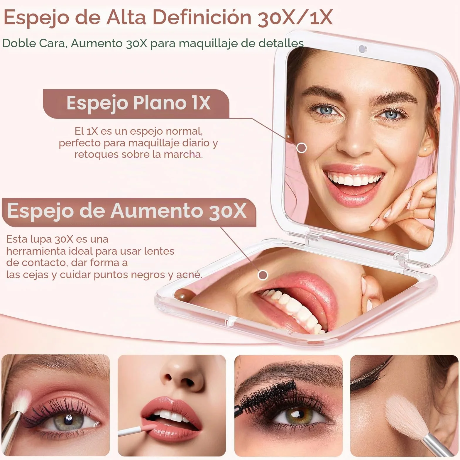Espejo de Maquillaje Zikenis 1X/30X Aumento, Plegable Portátil con Interruptor Magnético, Rosa