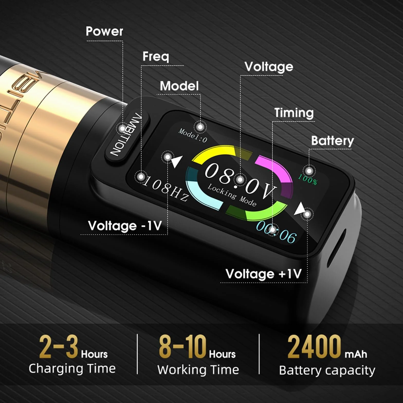Ambition Zetton Maquina de Tatuar Rotativa Inalámbrica con Barra Directa, Carrera 4.0mm y Batería 2400mAh con Pantalla Táctil Color para Profesionales