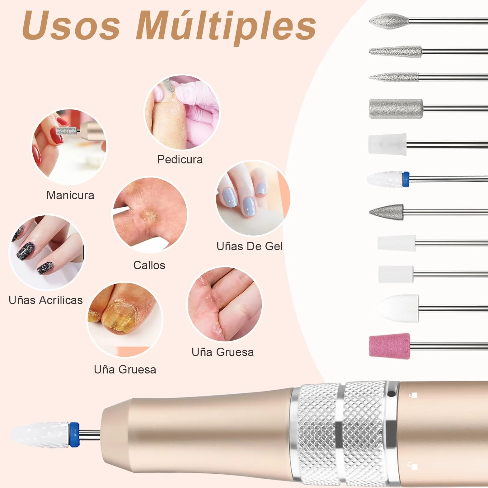 Kredioo Torno para Uñas Profesional 35000 RPM, Pulidor Uñas, Lima Electrica, Nail Drill, Set Manicura y Pedicura Electrico, Kit 11 Fresas Brocas, LED Tátil, Quitar Acrílico Gel/Esmalte/Callos, Oro