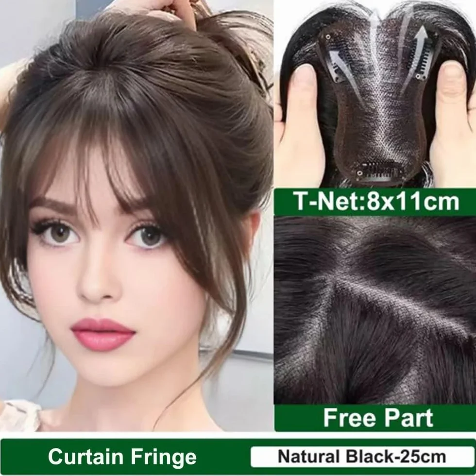 Topper para cabello humano 8x11 cm Base de encaje suizo Posticci atado a mano transpirable ajustable con raya para mujeres con cabello delgado Extensiones de pelo (marrón oscuro)