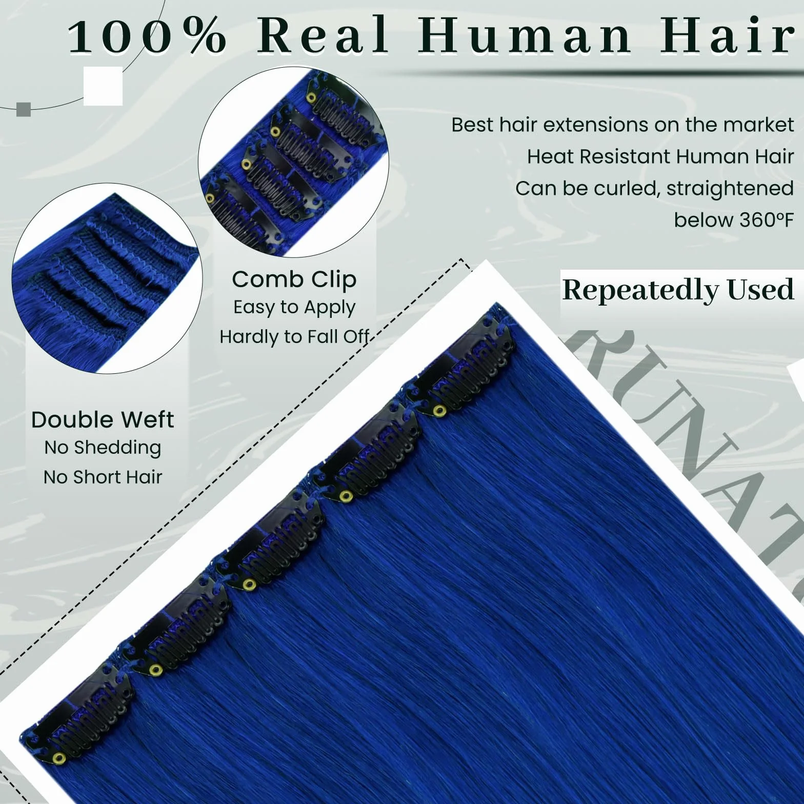 Extensiones de Cabello Colorido Natural Humano 25g 16 Pulgadas Azul RUNATURE 5 Piezas