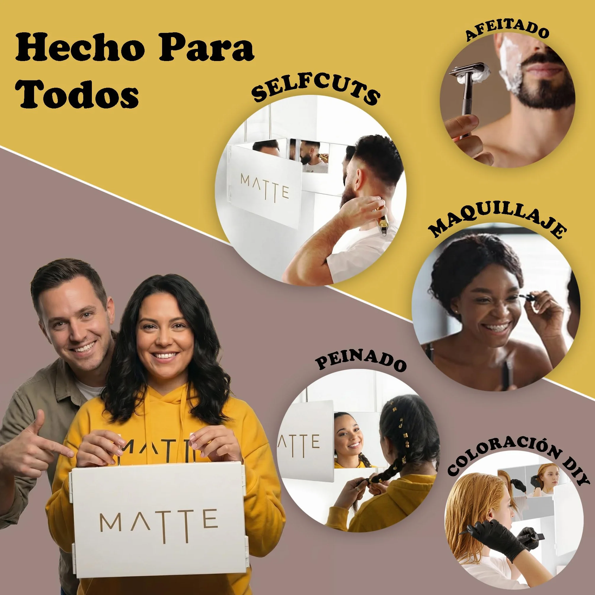 Espejo de 360 grados plegable 3 lados para peluquería, altura ajustable con ganchos