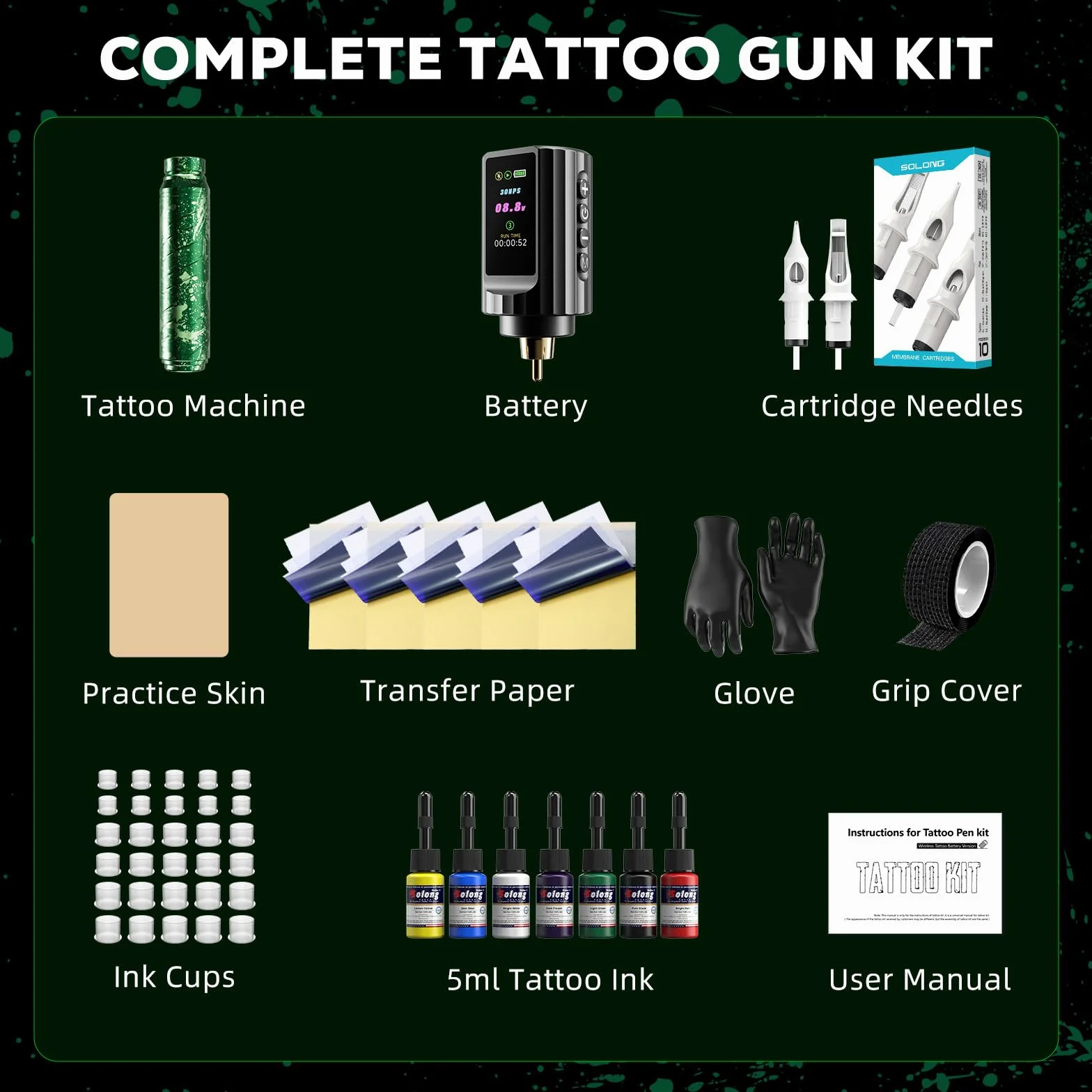 SOLONG Kit Profesional para Principiantes de Tatuajes – Lápiz Inalámbrico 1600mAh con 10 Agujas de Cartucho y Papel Transfer, Equipo Completo para Empezar, EF-TK-P753KITCEU-10