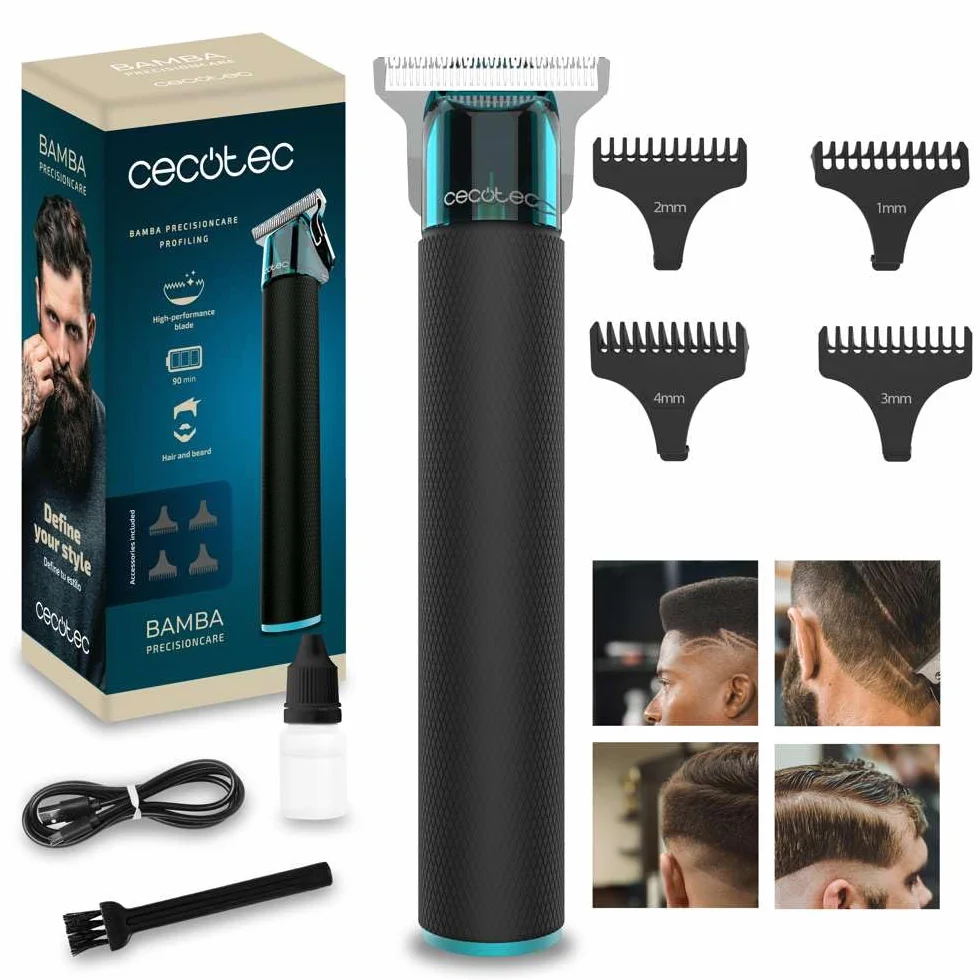 Cecotec Bamba PrecisionCare Profiling Cortapelos y Perfiladora Profesional, Cuchilla Afilada, 4 Peines Guía 1-4 mm, Autonomía 90 min, Negro