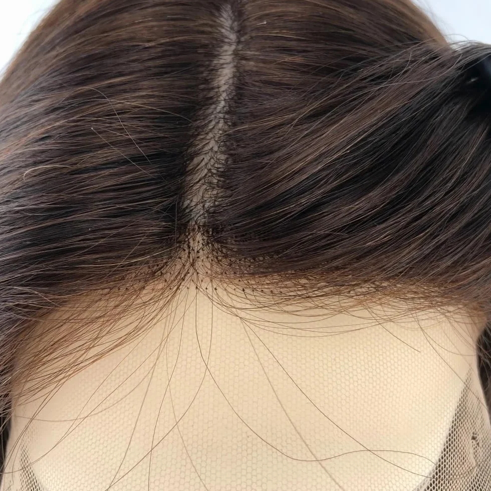 Postizos de cabello humano for mujer, base de encaje suizo de 5 x 5 pulgadas, densidad media, cobertura total, fijación con clips for Thinning Hair(Dark Brown,22inch)