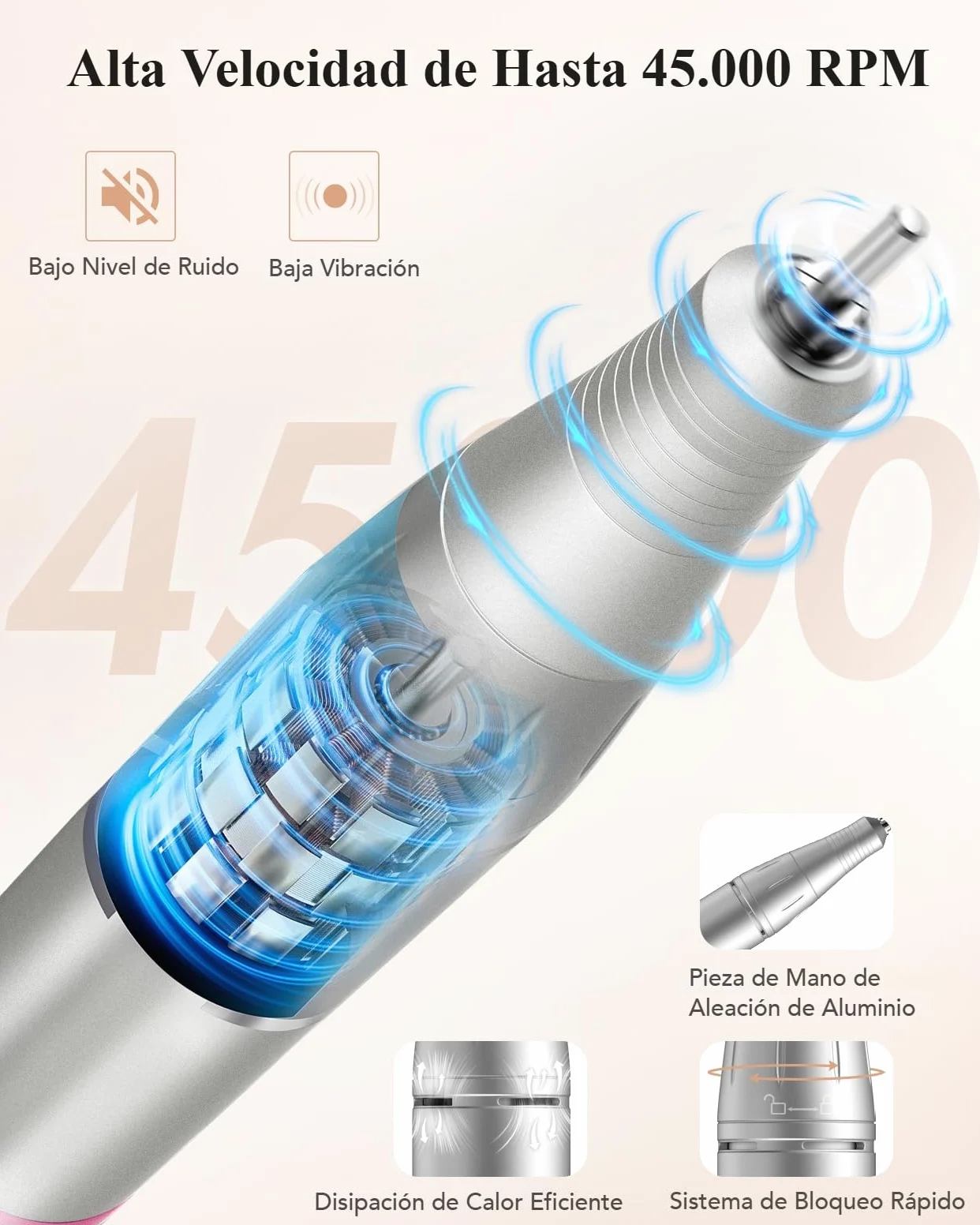 HOMEASY Torno para Uñas, Lima Eléctrica de 45000 RPM, Pedal y Pantalla LCD. | Torno para Uñas con Pedal, Pieza de Mano de Aluminio Silenciosa y Lima Eléctrica de Sobremesa para Acrílico y Gel.