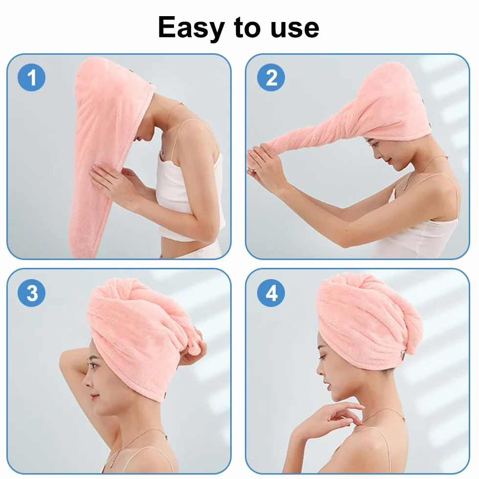 Toalla de Pelo Secado Rápido 65x25cm Turbante para Mujer 4 Piezas
