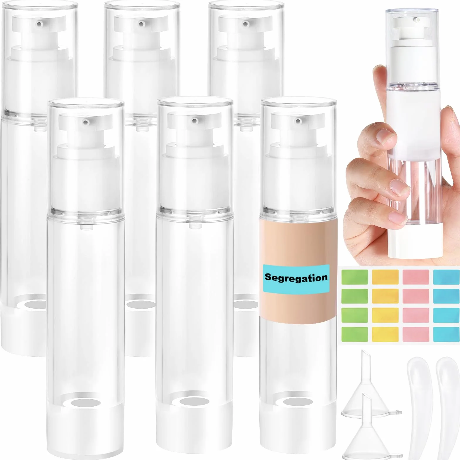 Botellas de Loción al Vacío 100ml, 6 Piezas, Bote Airless con Bomba, Reutilizable, Incluye Espátula y Embudo