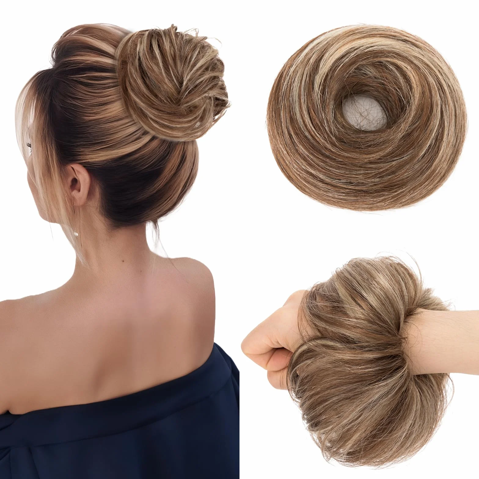 MY-LADY Moño Postizo de Pelo Natural Marron Chocolat/Rubio Elástico Liso para Mujer 25g