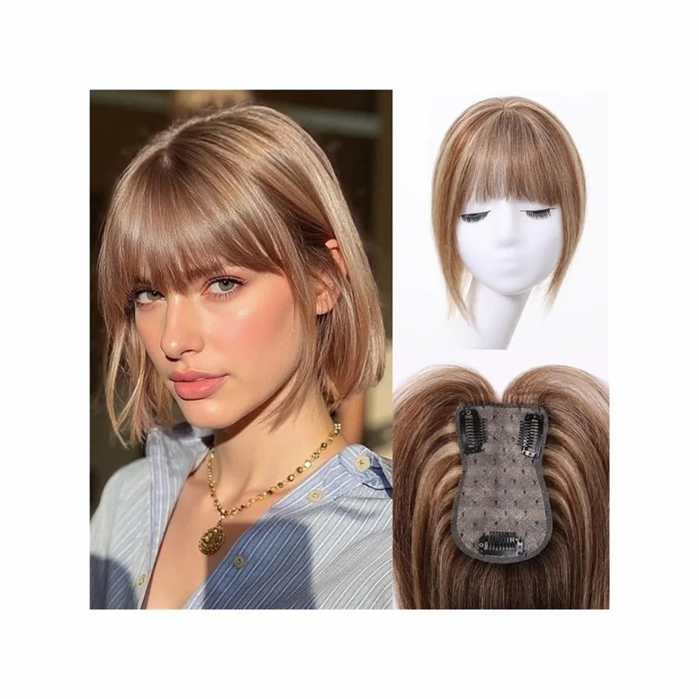 Postizos de cabello humano for mujer, extensiones de flequillo medio con cobertura 3D de 360°. Adorno de pelo para mujer(Brown mix dark blonde)