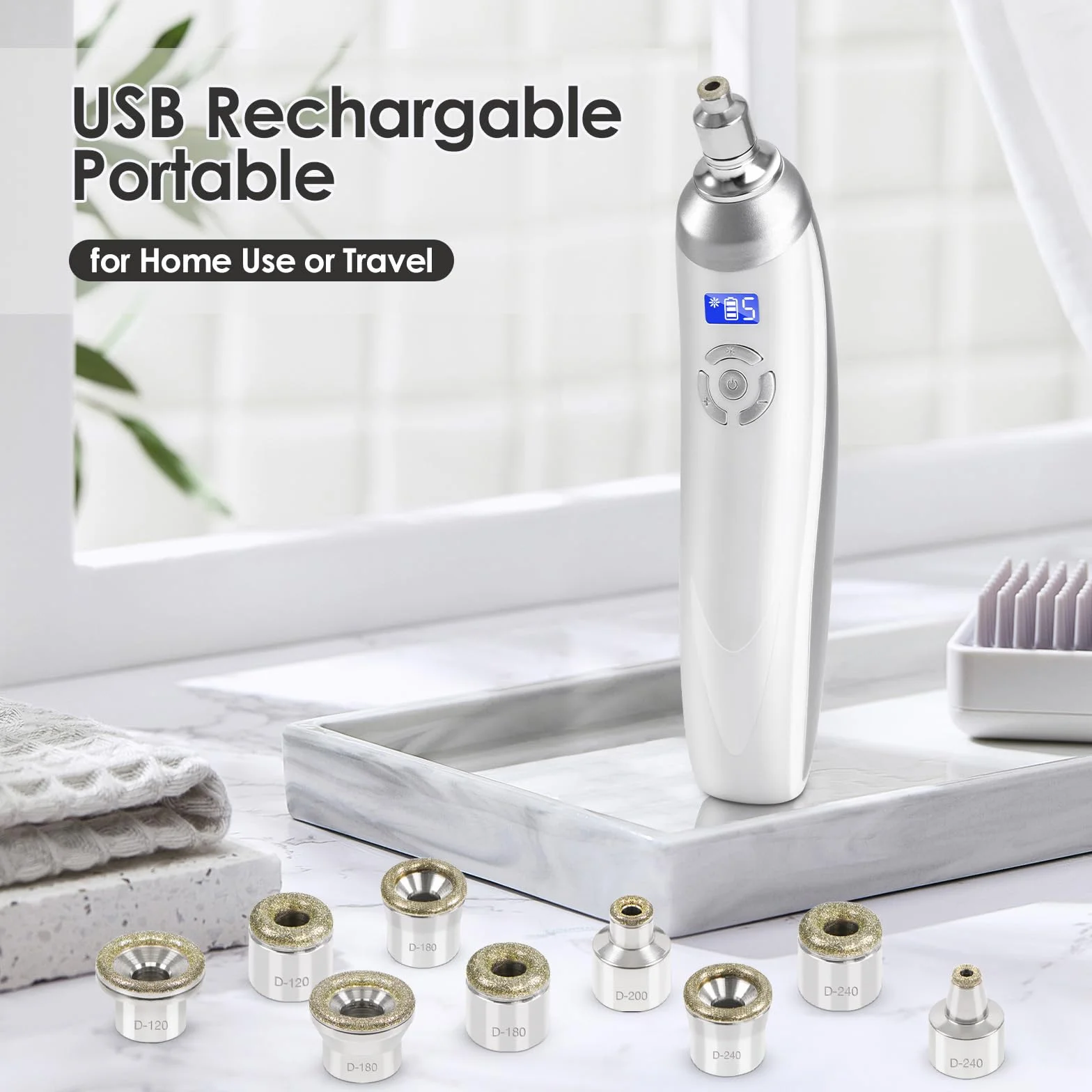 Maquina de Microdermoabrasión Profesional 2 en 1, Portátil con 9 Puntas de Diamante, Recargable USB Sin Cable