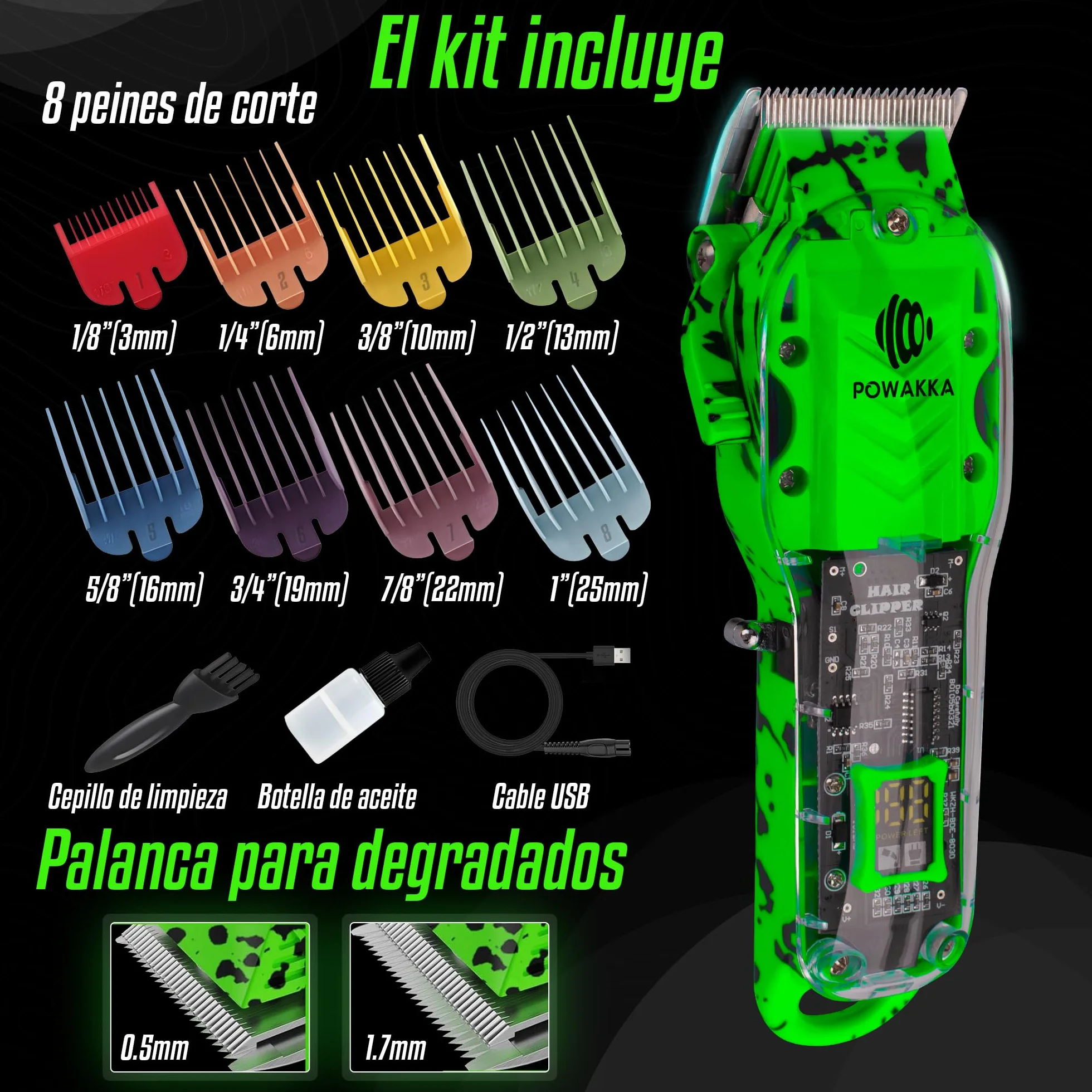 Recortadora de Pelo Inalámbrica LED Verde, Cortapelos para Hombre Barba y Cabello con Kit de 8 Peines Guía y Batería de Larga Duración