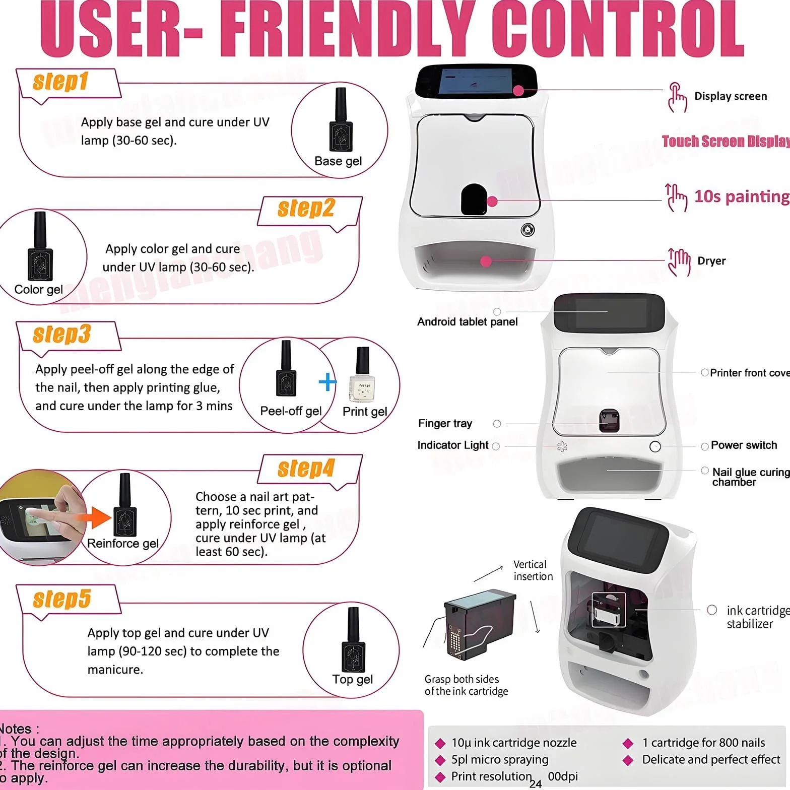 Kit De Impresora De UñAs - Impresora De UñAs 3D Digital MóVil para SalóN Y Hogar-WiFi/DiseñO DIY/Pantalla TáCtil | 10 Esmaltes De Gel + 2 Pegamentos para Pintar + 2 Cartuchos Tinta