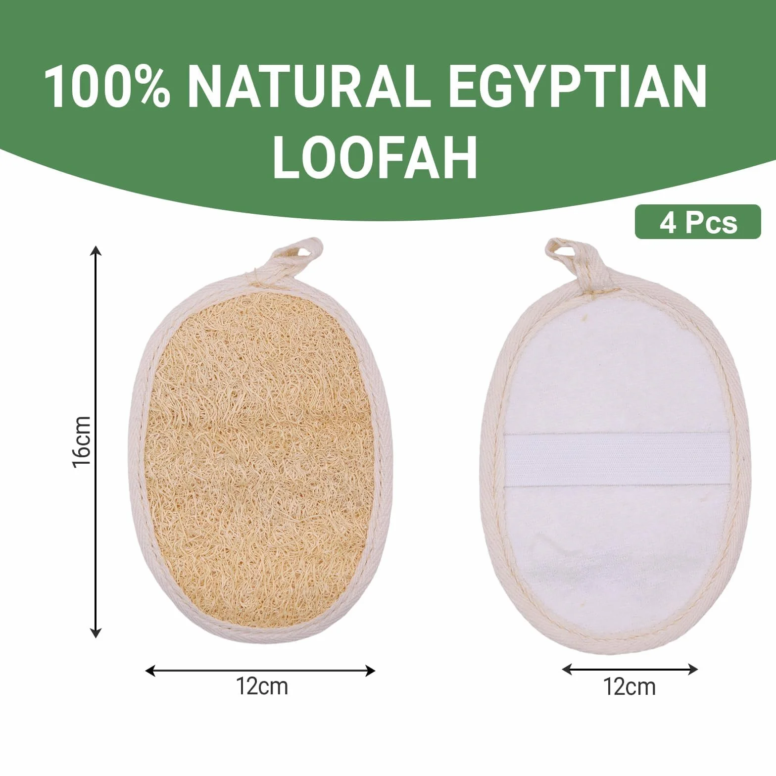 Esponjas exfoliantes de lufa natural para baño y ducha, pack de 4, 14,5 x 10 cm, respaldo de algodón